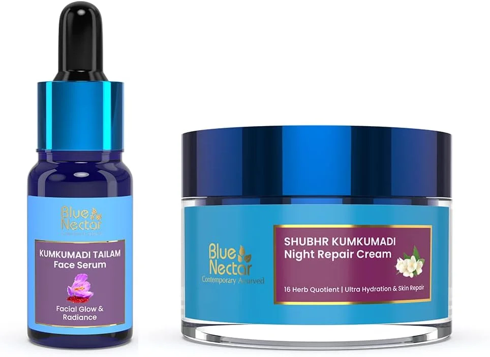 سرم صورت روغن کومکومادی Blue Nectar و کرم شب کومکومادی با روغن یاس، سرم روشن کننده پوست و مرطوب کننده شب برای صورت