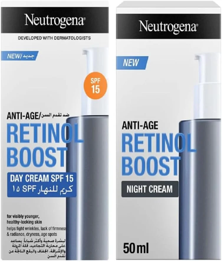 کرم روز نوتروژینا Retinol Boost با SPF 15، 50 میلی لیتر + کرم شب نوتروژینا Retinol Boost، رتینول خالص، عصاره گیاه مورد و اسید هیالورونیک، 50 میلی لیتر