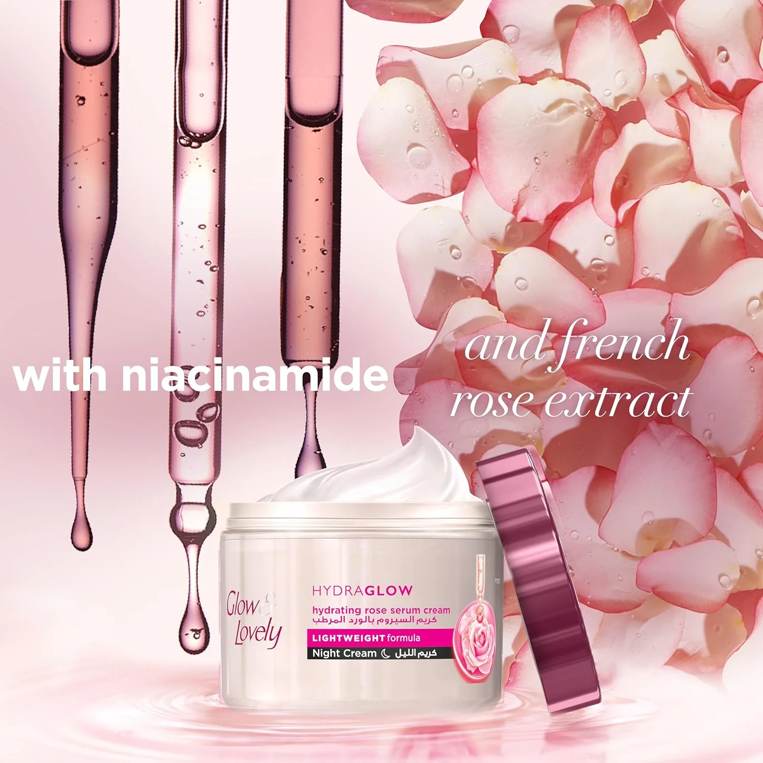 کرم شب آبرسان و روشن کننده Glow & Lovely Hydraglow، کرم سرم گل رز آبرسان، آبرسانی سبک 72 ساعته، 50 گرم