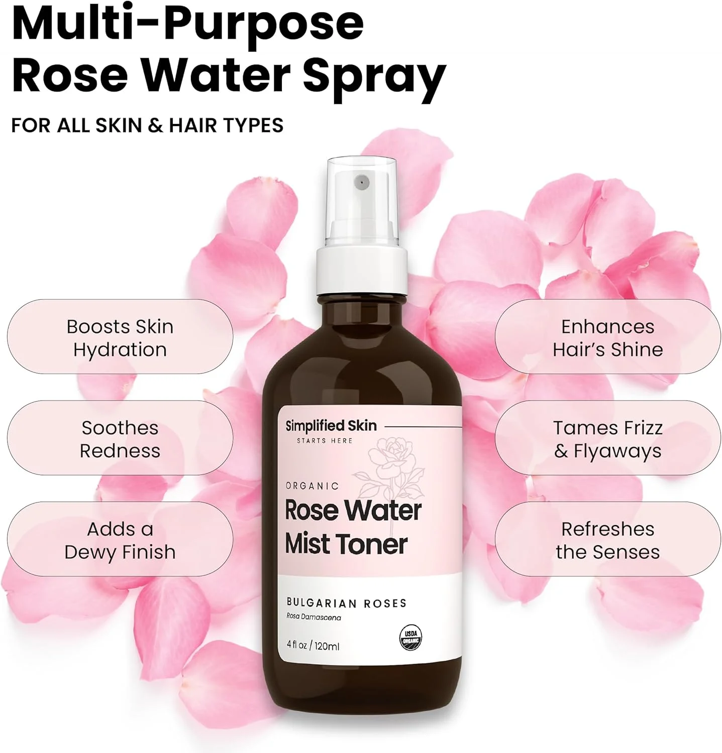 گلاب ساده پوست برای صورت و مو، تونر صورت ارگانیک دارای گواهی USDA. اسپری آبرسان و تنظیم کننده آرایش بدون الکل. گلاب گلبرگ 100% طبیعی (120 میلی لیتر) گلاب ساده پوست برای صورت و مو، تونر صورت ارگانیک دارای گواهی USDA. اسپری آبرسان و تنظیم کننده آرایش بدون الکل. گلاب گلبرگ 100% طبیعی (120 میلی لیتر)