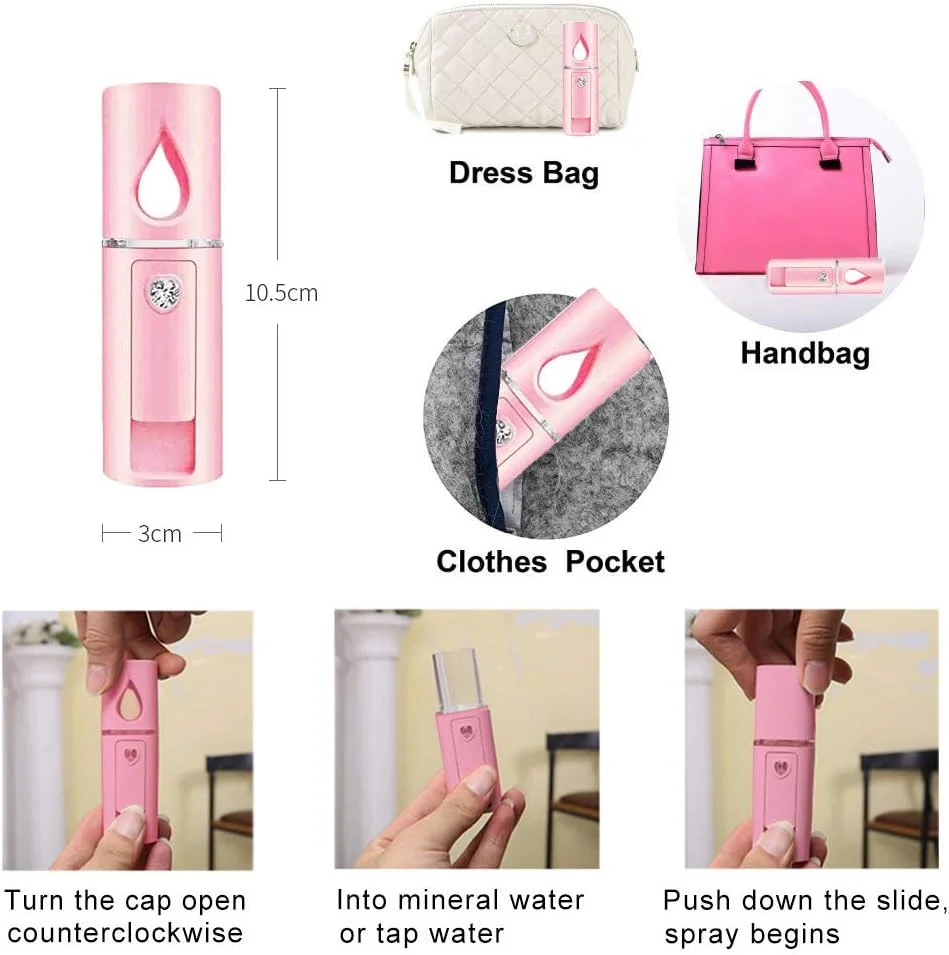 اسپری نانو صورت YDI، اسپری مه برای تمیز کردن مژه ها، پاکسازی منافذ، آبرسانی و مرطوب کننده پوست، دستگاه زیبایی کوچک قابل شارژ USB - صورتی