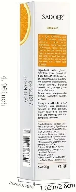 کرم دور چشم حاوی اسانس حلزون 20 گرمی، کرم دور چشم ویتامین C، مرطوب کننده و روشن کننده، سفت کننده و درخشان کننده پوست، مبارزه با سیاهی دور چشم، پف و کیسه های زیر چشم