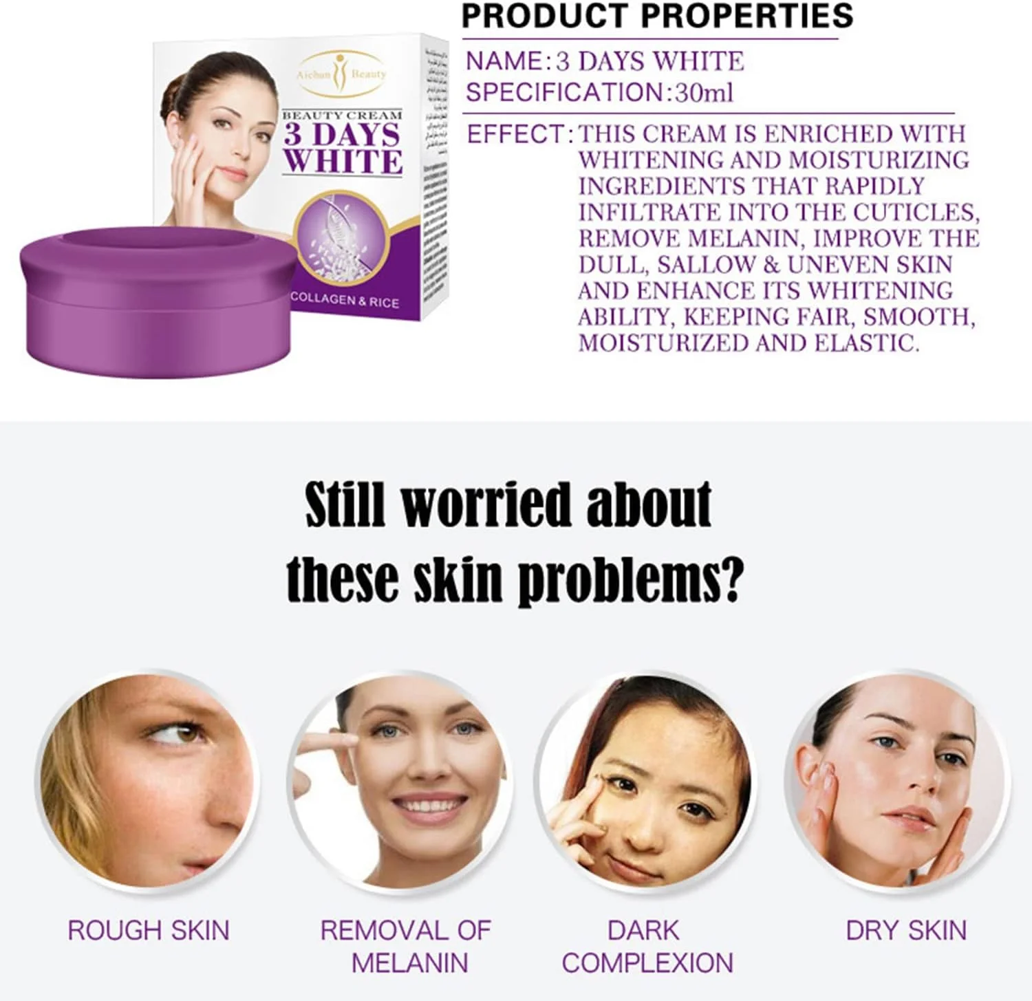 کرم سفید کننده 3 روزه آیچون بیوتی حاوی کلاژن و برنج، مرطوب کننده، از بین برنده جوش و لک، 30 میلی لیتر