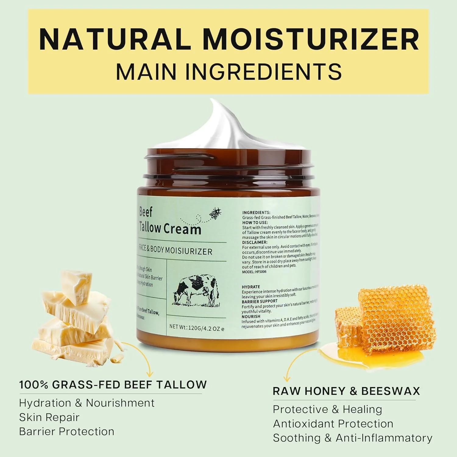 بالم روغن حیوانی و عسل VRAIKO، مرطوب کننده روغن حیوانی و عسل خام برای صورت و بدن، کرم مرطوب کننده طبیعی روغن حیوانی برای پوست نرم و لطیف، 120 گرم