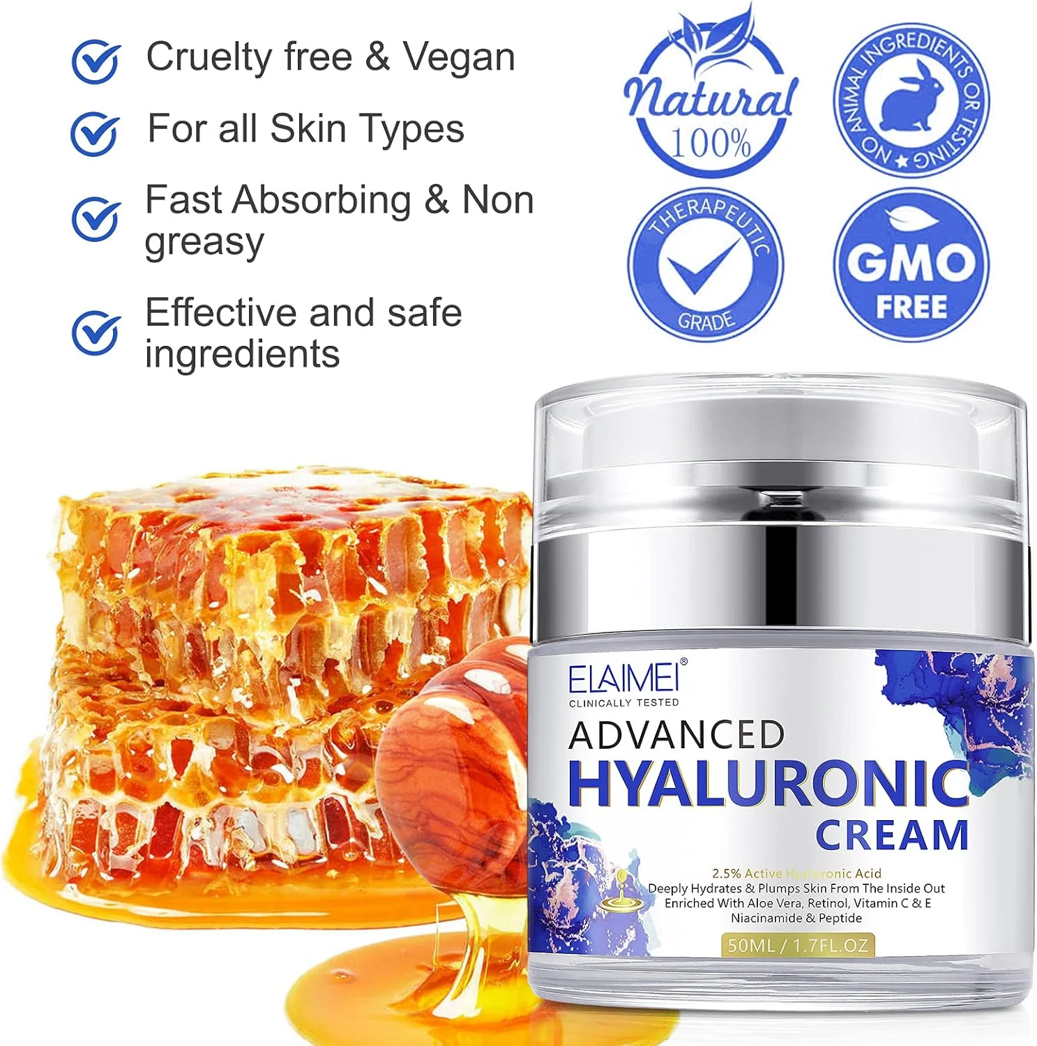 کرم مرطوب کننده صورت پیشرفته حاوی اسید هیالورونیک FGHJ، آبرسانی عمیق برای پوست خشک، کاهش موثر لکه‌ها و حلقه‌های تیره، بهبود رنگ پوست، مناسب برای انواع پوست، 50 گرم