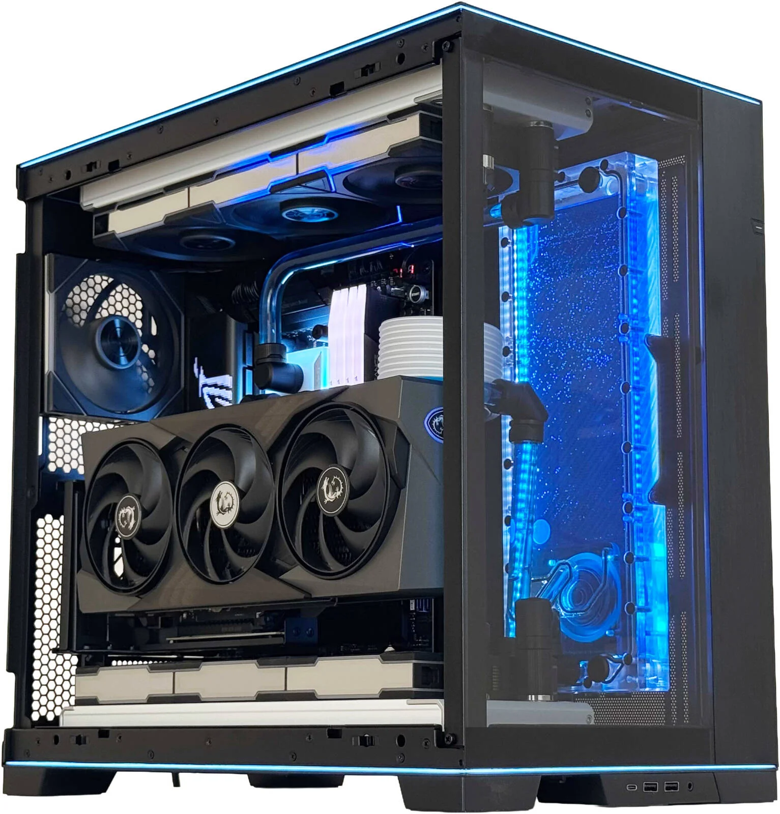 کامپیوتر گیمینگ HydraXtreme - پردازنده Intel Core Ultra 9 285K با 24 هسته و 24 رشته، کارت گرافیک NVIDIA RTX 5090 با 32 گیگابایت حافظه، 96 گیگابایت رم DDR5 با فرکانس 6400 مگاهرتز CL32، 2 ترابایت SSD Gen 5، منبع تغذیه 1000 وات 80 PLUS Gold، سیستم خنک کننده مایع با 2 رادیاتور 360 میلی متری، Wi-Fi + BT