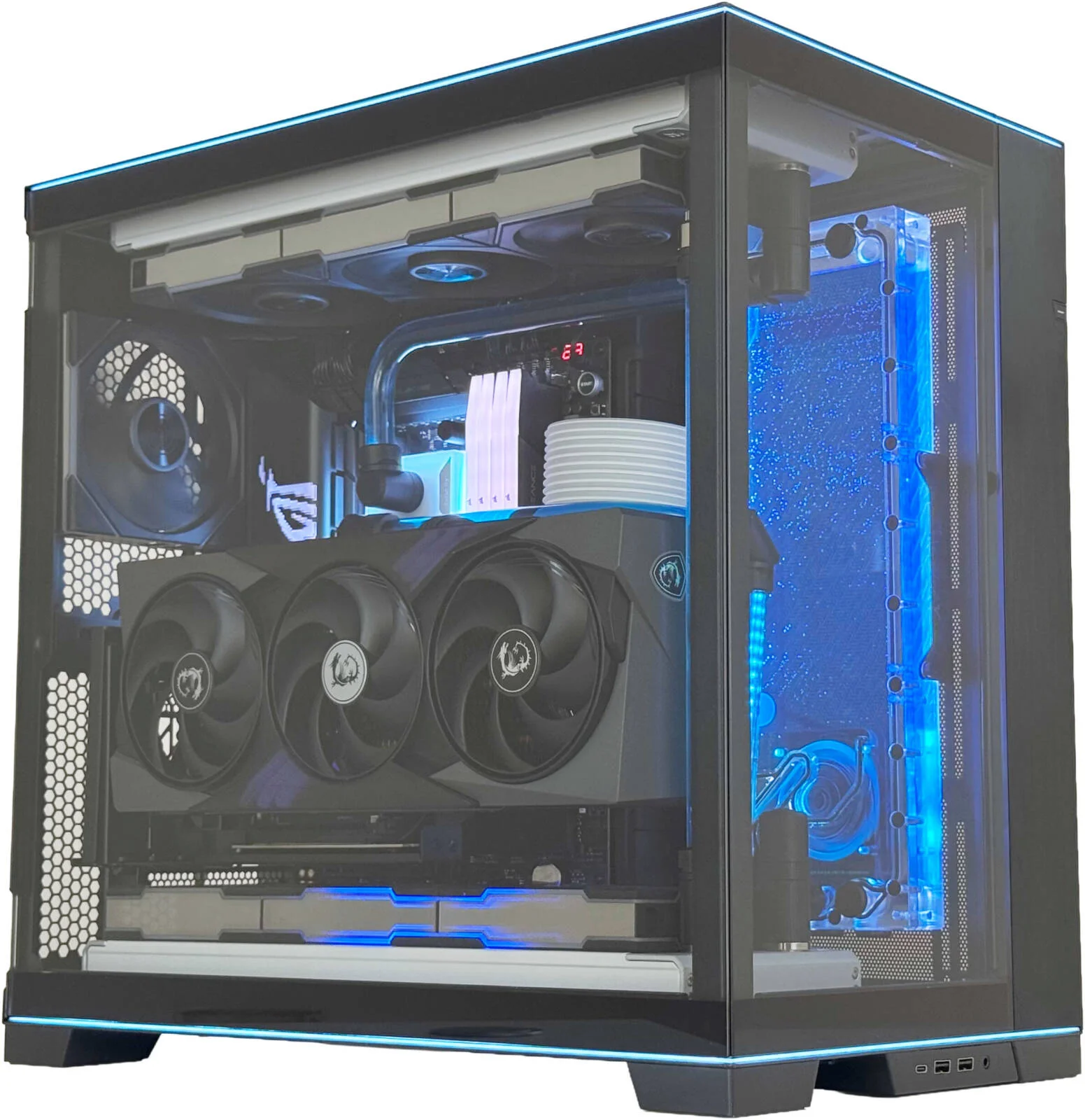 کامپیوتر گیمینگ HydraXtreme - پردازنده AMD Ryzen 9 9950X3D با 16 هسته و 32 رشته، کارت گرافیک NVIDIA RTX 5090 با 32 گیگابایت حافظه، 96 گیگابایت رم DDR5 با فرکانس 6400 مگاهرتز CL32، حافظه SSD 2 ترابایتی نسل 5، منبع تغذیه 1000 واتی 80 PLUS Gold، خنک کننده مایع با 2 رادیاتور 360 میلیمتری، Wi-Fi + BT