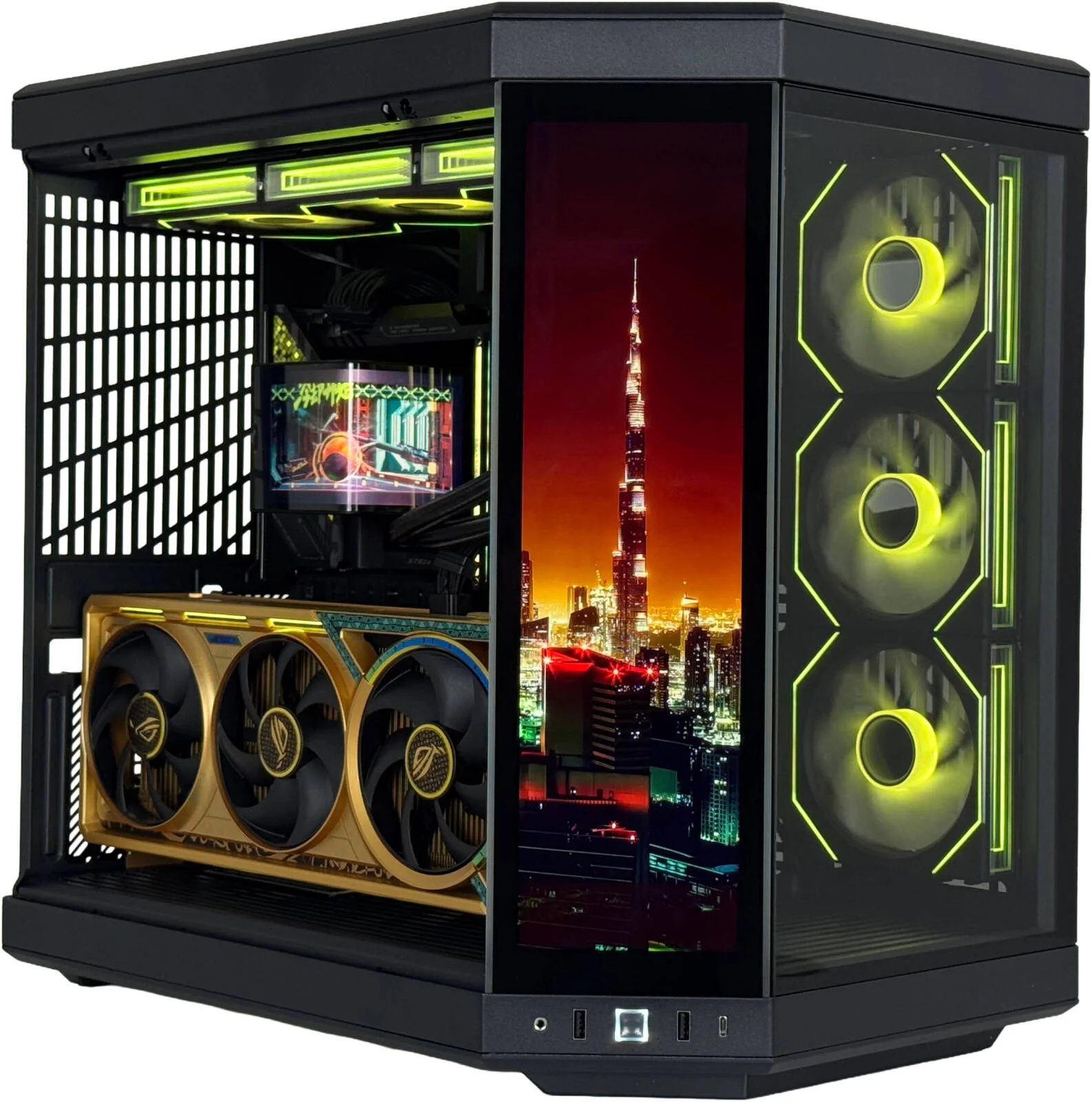 کامپیوتر گیمینگ ذهب - AMD Ryzen 9 9950X3D با 16 هسته و 32 رشته، NVIDIA RTX 5080 با 16 گیگابایت حافظه، 64 گیگابایت رم DDR5 با سرعت 6000 مگاهرتز، 4 ترابایت SSD نسل 5، منبع تغذیه 1000 وات 80 پلاس، خنک کننده مایع 360 میلی متری پانوراما، Wi-Fi + BT