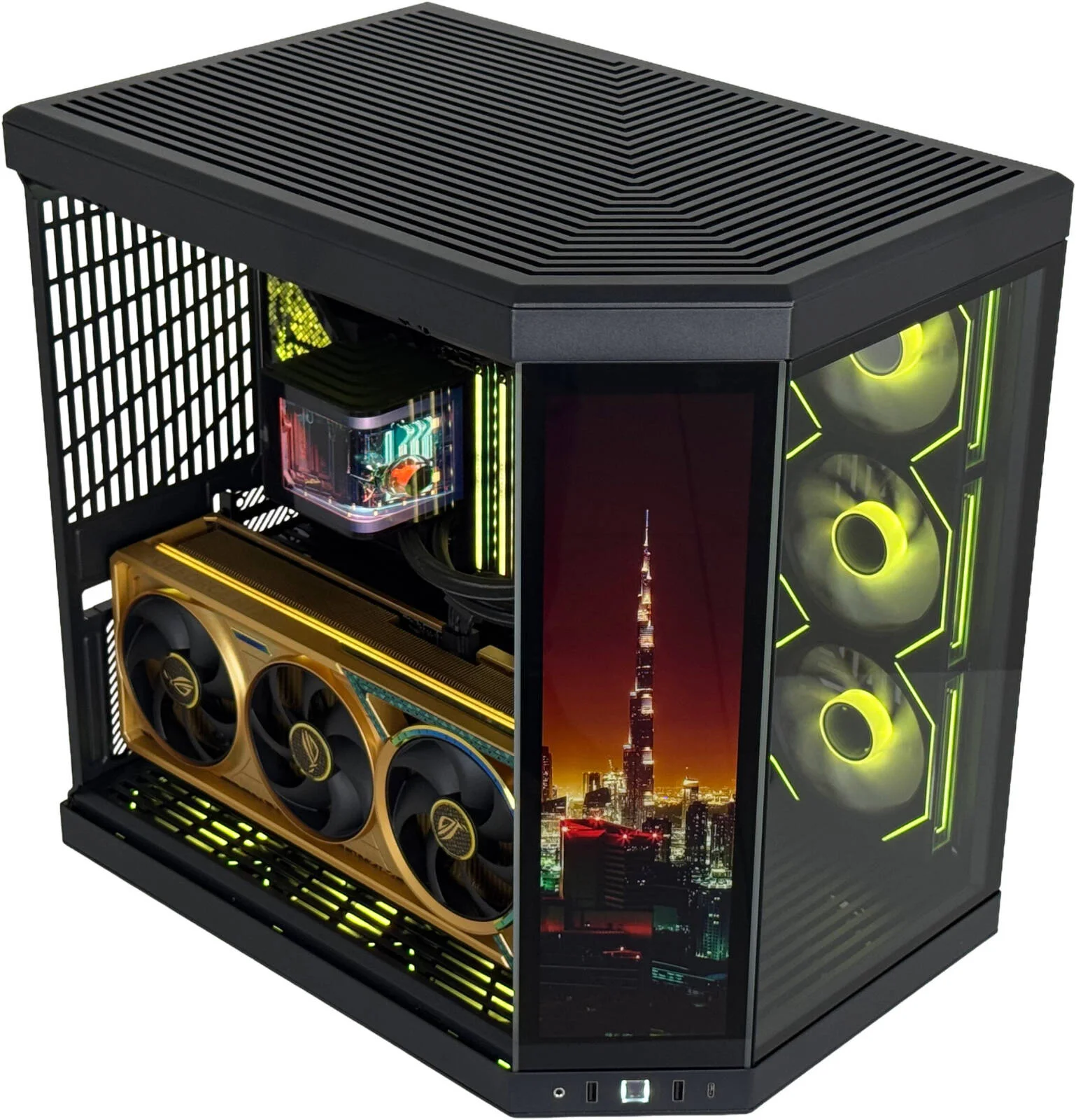 کامپیوتر گیمینگ ذهب - AMD Ryzen 9 9950X3D با 16 هسته و 32 رشته، NVIDIA RTX 5080 با 16 گیگابایت حافظه، 64 گیگابایت رم DDR5 با سرعت 6000 مگاهرتز، 4 ترابایت SSD نسل 5، منبع تغذیه 1000 وات 80 پلاس، خنک کننده مایع 360 میلی متری پانوراما، Wi-Fi + BT