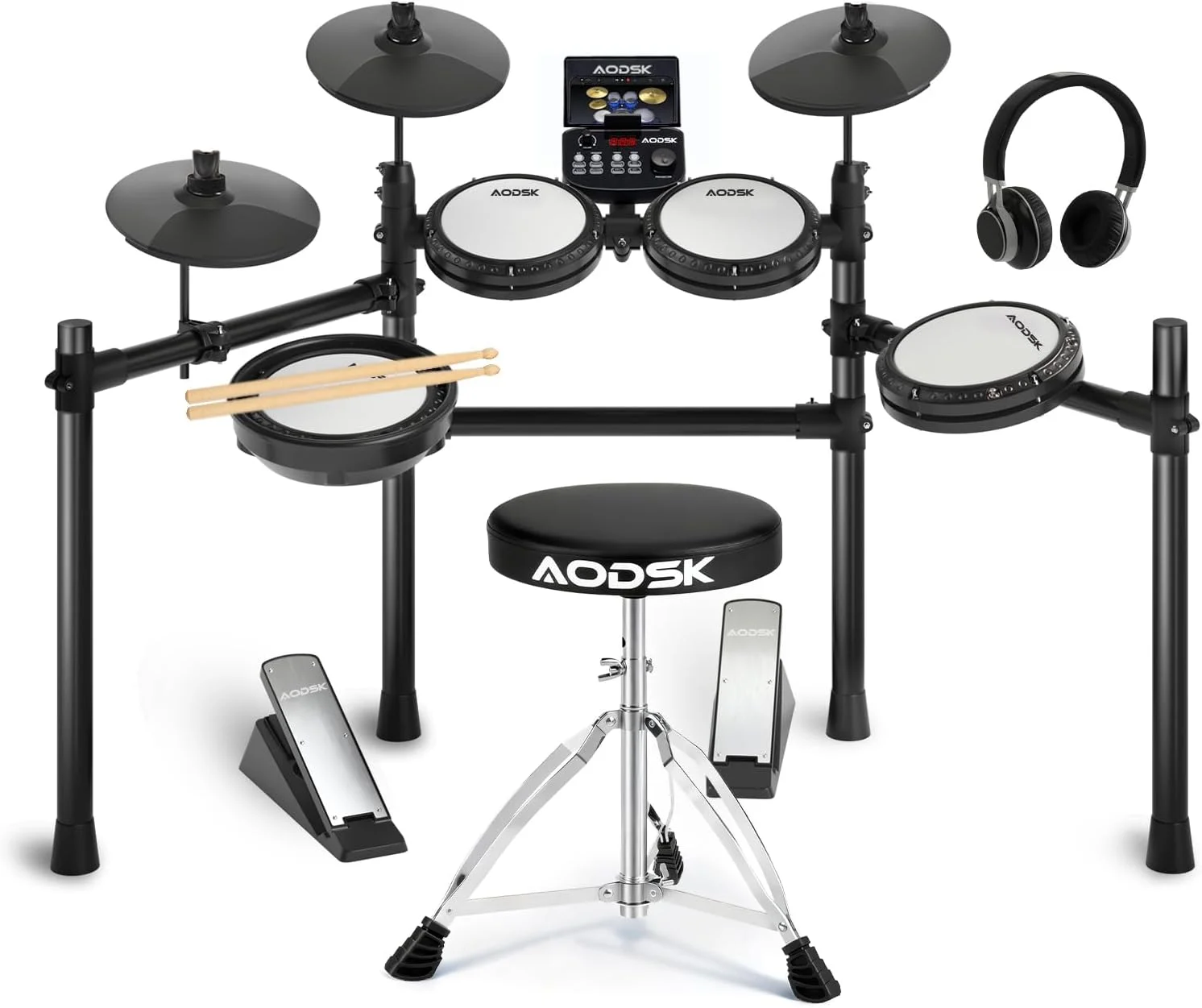 ست درام الکترونیکی AODSK، پدهای درام مشبک حرفه ای، ماژول صدای ارتقا یافته (260 صدا/30 کیت/20 آهنگ)، شامل چوب، هدفون، صندلی درام (ارتقا یافته جدید 2025)