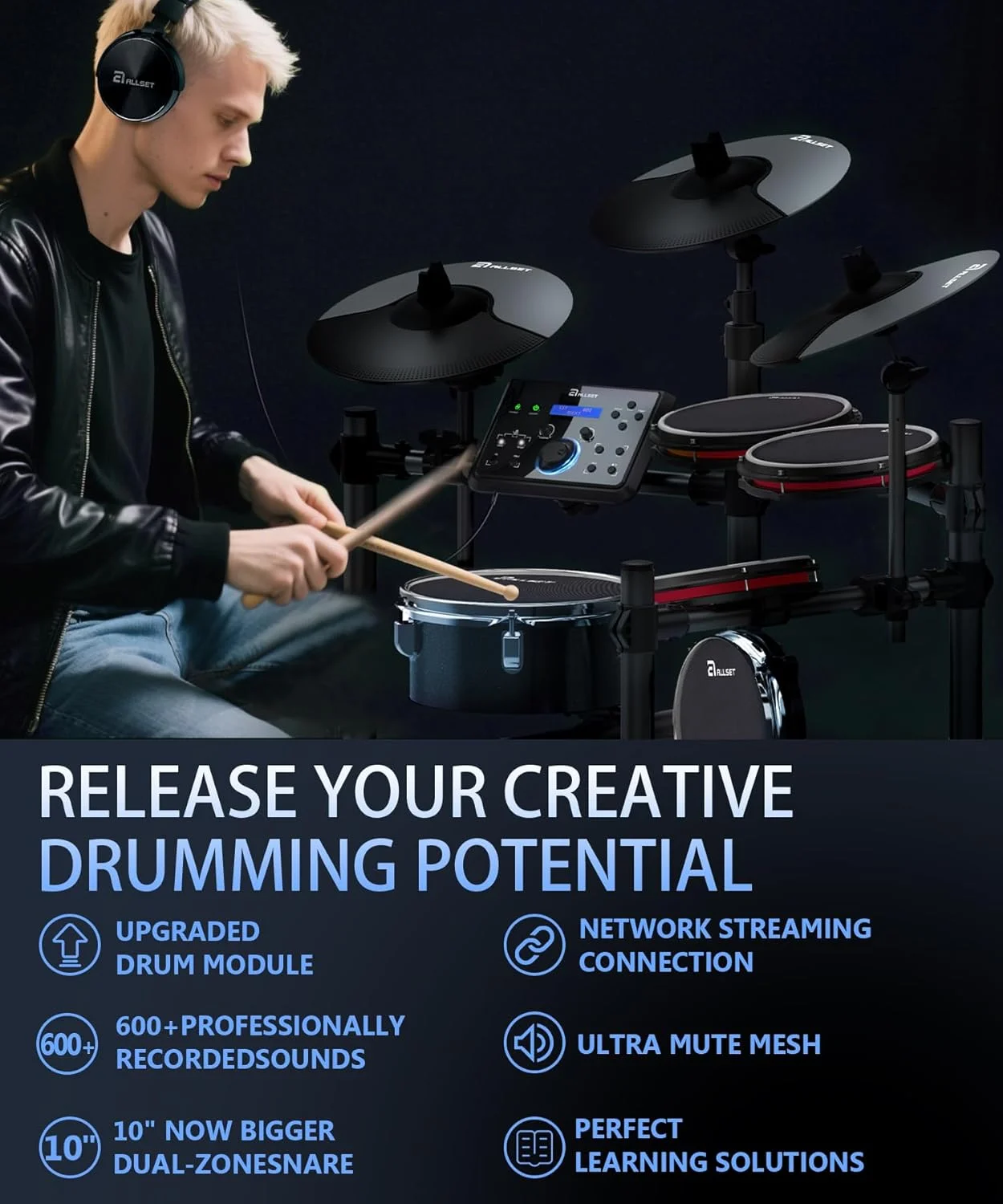 درامز الکترونیکی حرفه ای ALLSET 700 | اسنر 10 اینچی دو ناحیه ای، سنج 12 اینچی، پدهای مشبک دولایه | 600+ صدای BFD، 30 کیت، اتصال USB/MIDI | درامز الکتریکی سایز کامل ایده آل برای بزرگسالان درامز الکترونیکی حرفه ای ALLSET 700 | اسنر 10 اینچی دو ناحیه ای، سنج 12 اینچی، پدهای مشبک دولایه | 600+ صدای BFD، 30 کیت، اتصال USB/MIDI | درامز الکتریکی سایز کامل ایده آل برای بزرگسالان