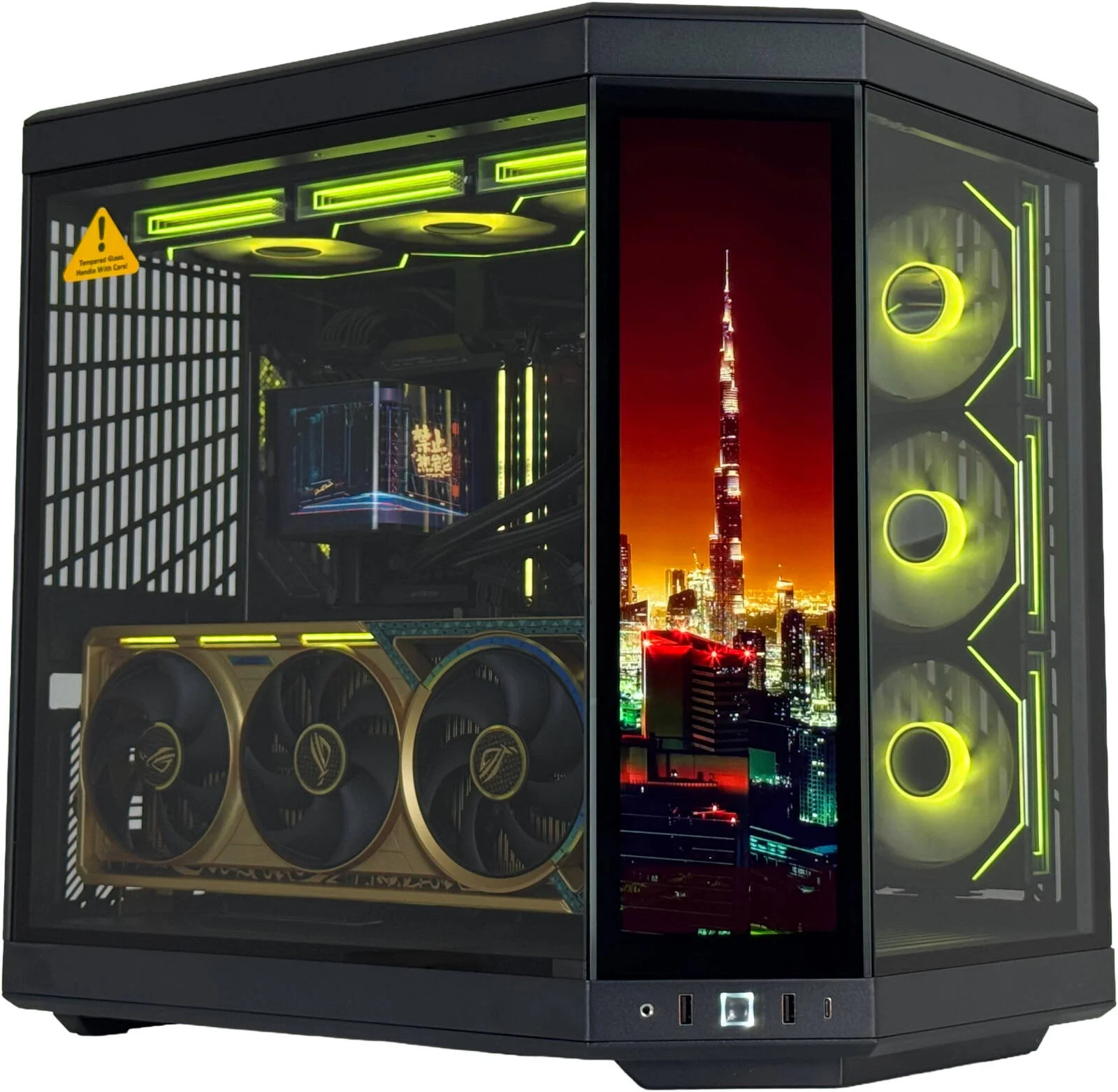 کامپیوتر گیمینگ ذهب - اینتل Core Ultra 9 285K با 24 هسته و 24 رشته، NVIDIA RTX 5080 با 16 گیگابایت، 96 گیگابایت رم DDR5 با فرکانس 7200 مگاهرتز، 4 ترابایت SSD Gen 5، منبع تغذیه 1000 وات 80 Plus، خنک کننده مایع 360 میلی متری PANORAMA، Wi-Fi + BT