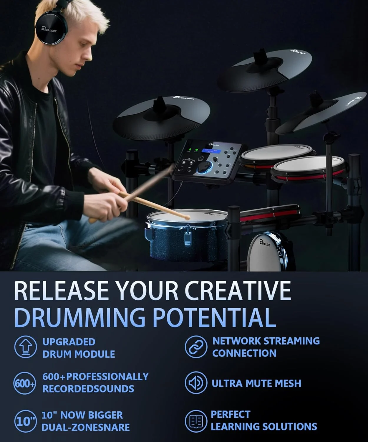 درامز الکترونیکی حرفه ای ALLSET 700 | اسنر 10 اینچی دو منطقه ای، سنج 12 اینچی، پدهای مشبک دو لایه | 600+ صداهای BFD، 30 کیت، اتصال USB/MIDI | درامز الکتریکی سایز کامل ایده آل برای بزرگسالان درامز الکترونیکی حرفه ای ALLSET 700 | اسنر 10 اینچی دو منطقه ای، سنج 12 اینچی، پدهای مشبک دو لایه | 600+ صداهای BFD، 30 کیت، اتصال USB/MIDI | درامز الکتریکی سایز کامل ایده آل برای بزرگسالان