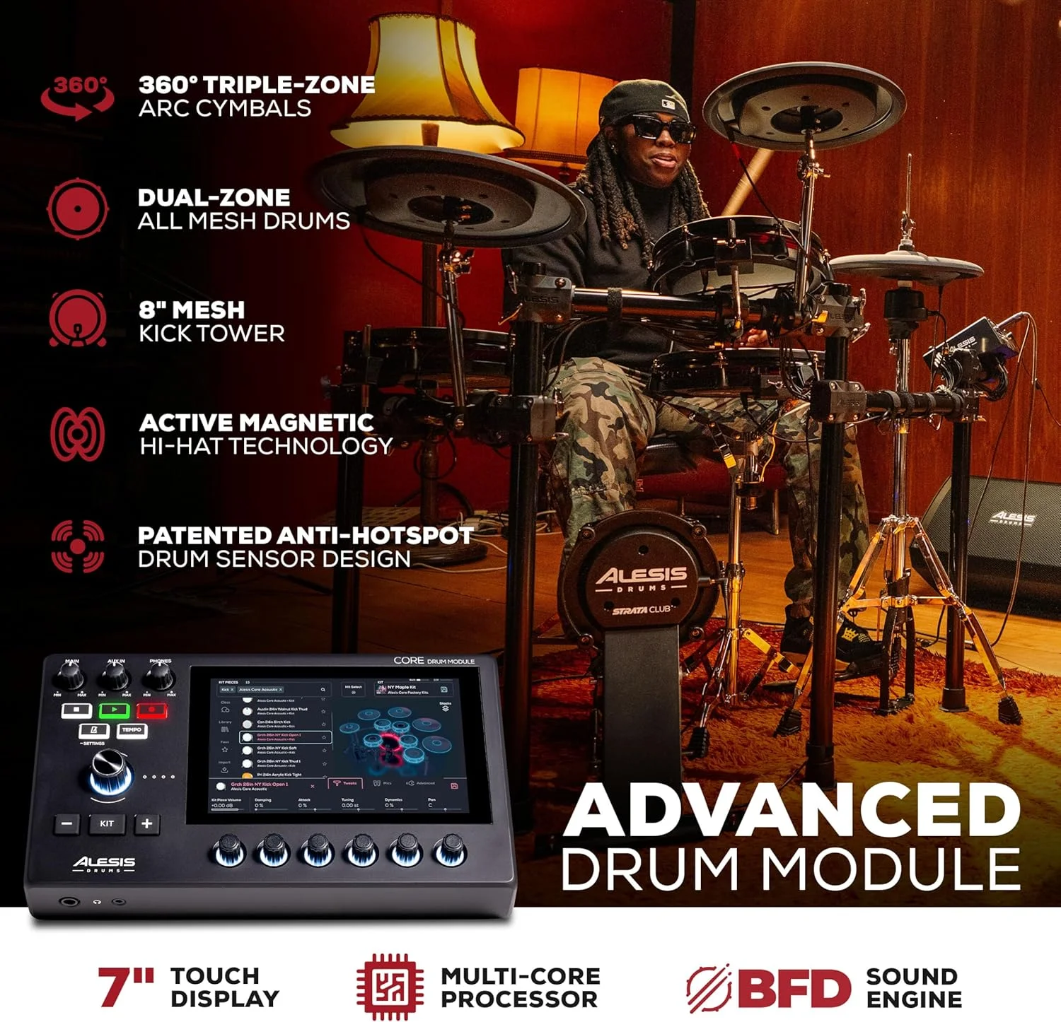 ست درام الکترونیکی Alesis Strata Club با ۱۴۴ هزار نمونه چند کاناله، صفحه لمسی، سنج های سه منطقه ای، درام های مش دو منطقه ای و کیک ۸ اینچی ست درام الکترونیکی Alesis Strata Club با ۱۴۴ هزار نمونه چند کاناله، صفحه لمسی، سنج های سه منطقه ای، درام های مش دو منطقه ای و کیک ۸ اینچی