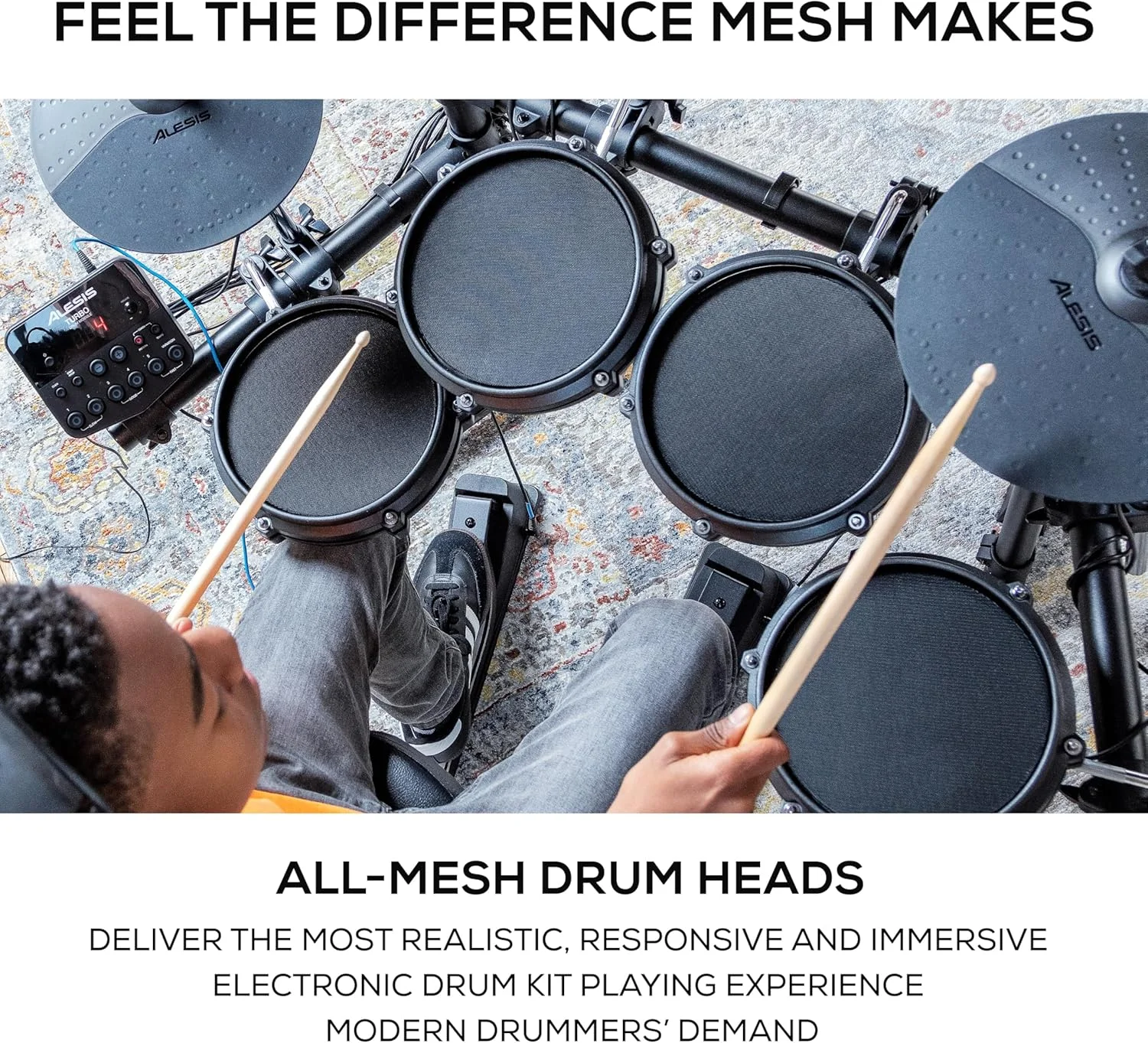 ست درام الکترونیکی مشبک هفت تکه Alesis Drums Turbo Mesh Kit با بیش از 100 صدا، 30 آهنگ تمرینی، چوب درام و کابل های اتصال، مشکی، سایز استاندارد ست درام الکترونیکی مشبک هفت تکه Alesis Drums Turbo Mesh Kit با بیش از 100 صدا، 30 آهنگ تمرینی، چوب درام و کابل های اتصال، مشکی، سایز استاندارد