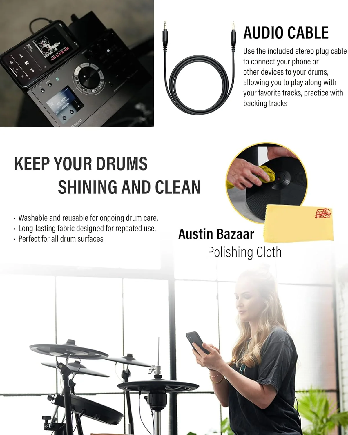 ست درام الکترونیکی Roland Generation 2 V-Drums TD-17KV2 به همراه کیف استیک درام، کابل صوتی 3.5 میلی متری، 3 جفت استیک درام و پارچه پولیش Austin Bazaar ست درام الکترونیکی Roland Generation 2 V-Drums TD-17KV2 به همراه کیف استیک درام، کابل صوتی 3.5 میلی متری، 3 جفت استیک درام و پارچه پولیش Austin Bazaar