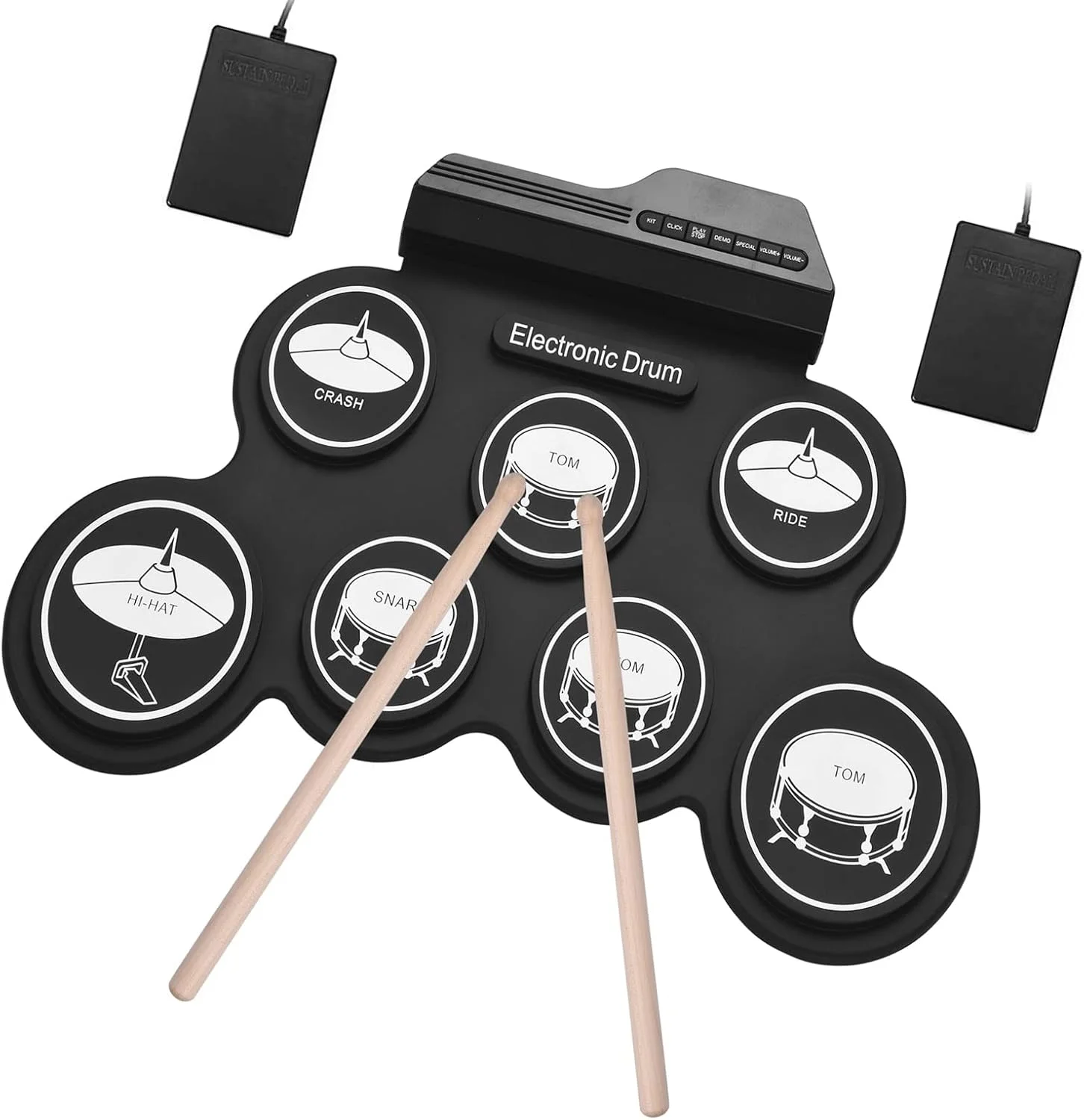 درام الکترونیکی ایکام - درام تمرینی الکترونیکی سیلیکونی تاشو با 7 پد، دارای جک هدفون، بلندگوی داخلی، پدال پا، چوب درام برای مبتدیان، هدیه ای ایده آل برای تعطیلات