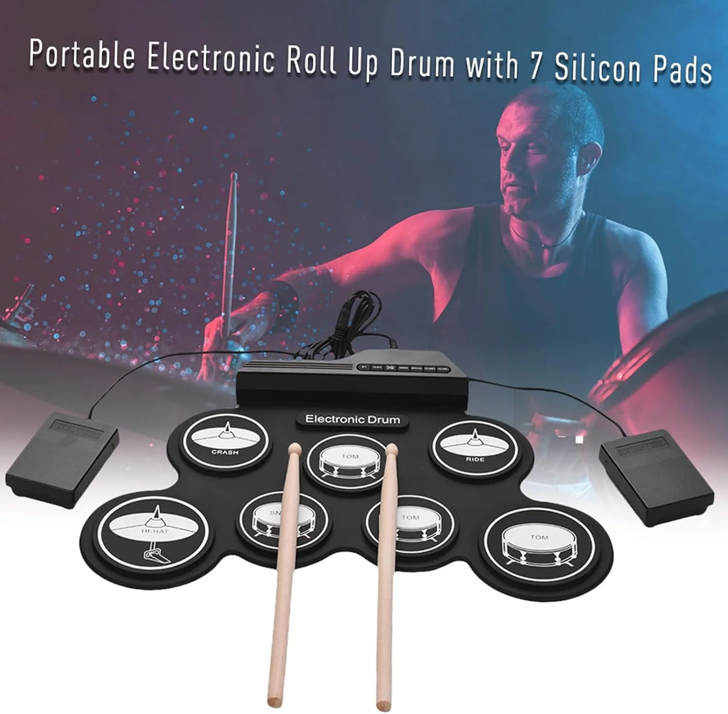 درام الکترونیکی ایکام - درام تمرینی الکترونیکی سیلیکونی تاشو با 7 پد، دارای جک هدفون، بلندگوی داخلی، پدال پا، چوب درام برای مبتدیان، هدیه ای ایده آل برای تعطیلات درام الکترونیکی ایکام - درام تمرینی الکترونیکی سیلیکونی تاشو با 7 پد، دارای جک هدفون، بلندگوی داخلی، پدال پا، چوب درام برای مبتدیان، هدیه ای ایده آل برای تعطیلات