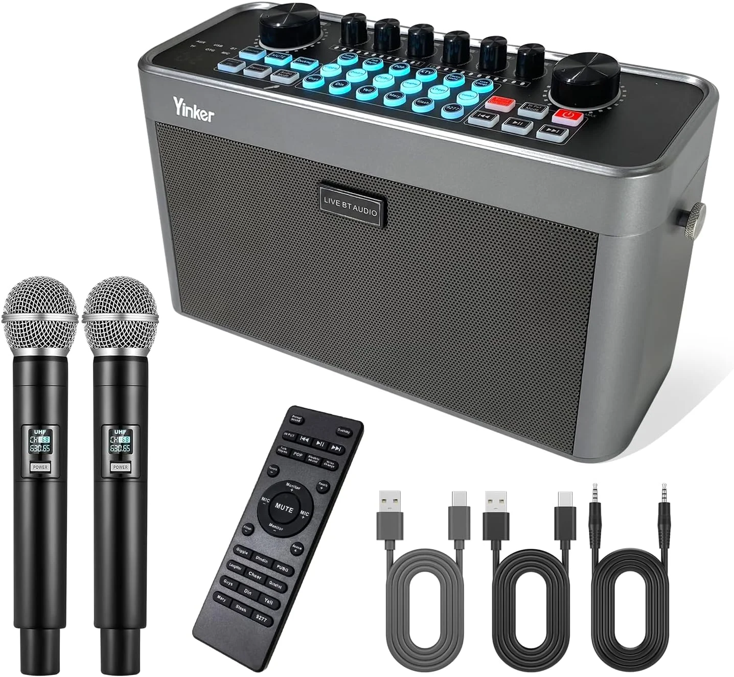 دستگاه کارائوکه برای بزرگسالان و کودکان با 2 میکروفون بی سیم، بلندگوی کارائوکه بلوتوث قابل حمل، کارت صدای زنده با باس/تریبل/افکت های صوتی/OTG/AUX