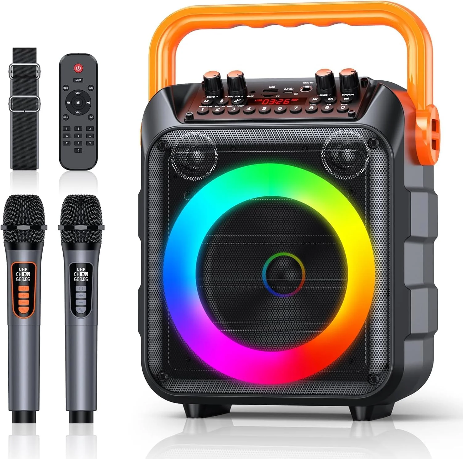 دستگاه کارائوکه بلوتوثی قابل حمل با 2 میکروفون بی سیم، پشتیبانی از کارت TF/USB، ورودی AUX، ضبط صدا، رادیو FM و TWS برای مهمانی های خانگی و اجرا