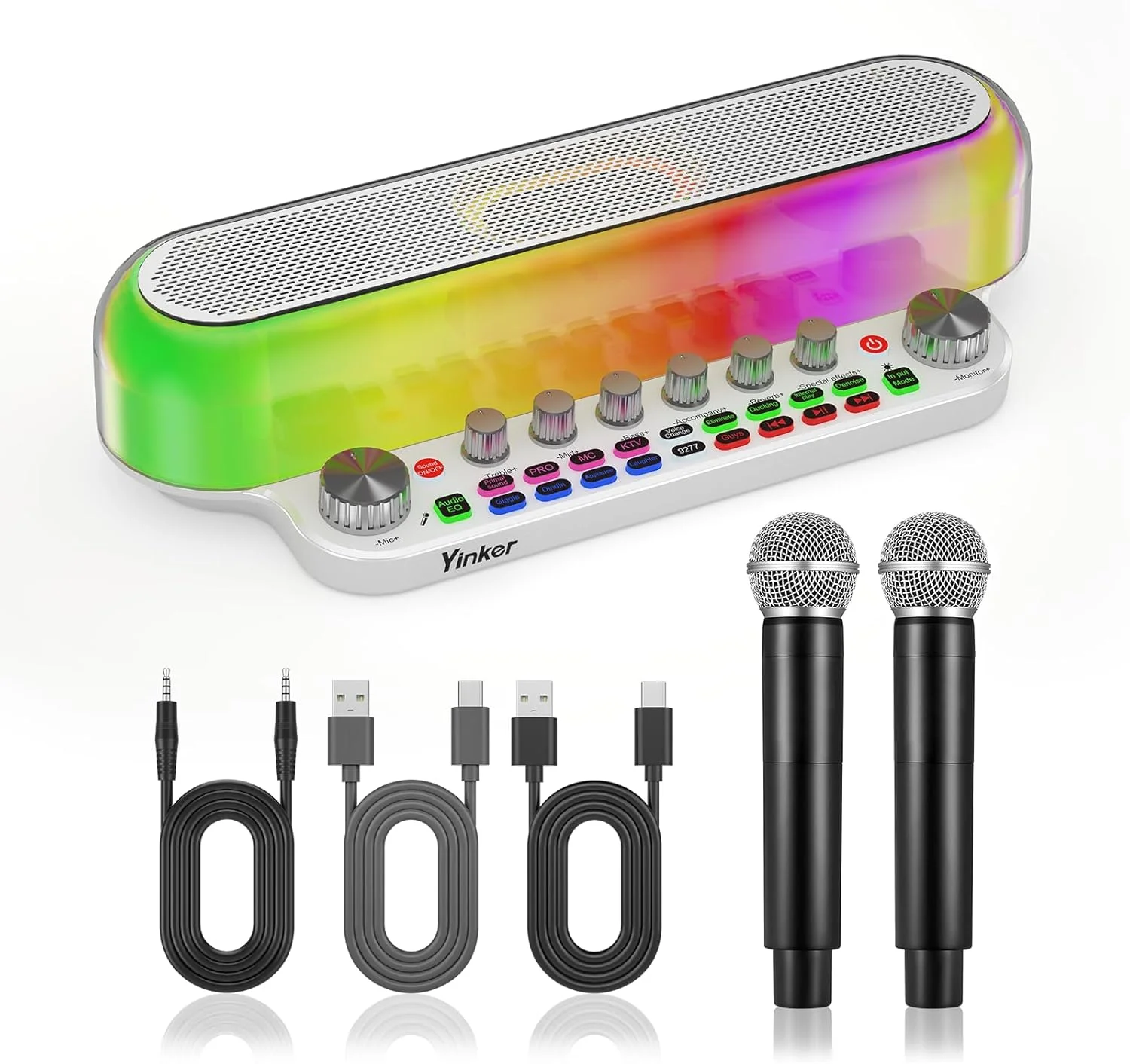 دستگاه کارائوکه با 2 میکروفون بی سیم، کارت صدای زنده بلوتوث قابل حمل با باس/تریبل، جلوه های صوتی، OTG، ورودی AUX برای پخش زنده، مهمانی خانگی، فضای باز، هدیه