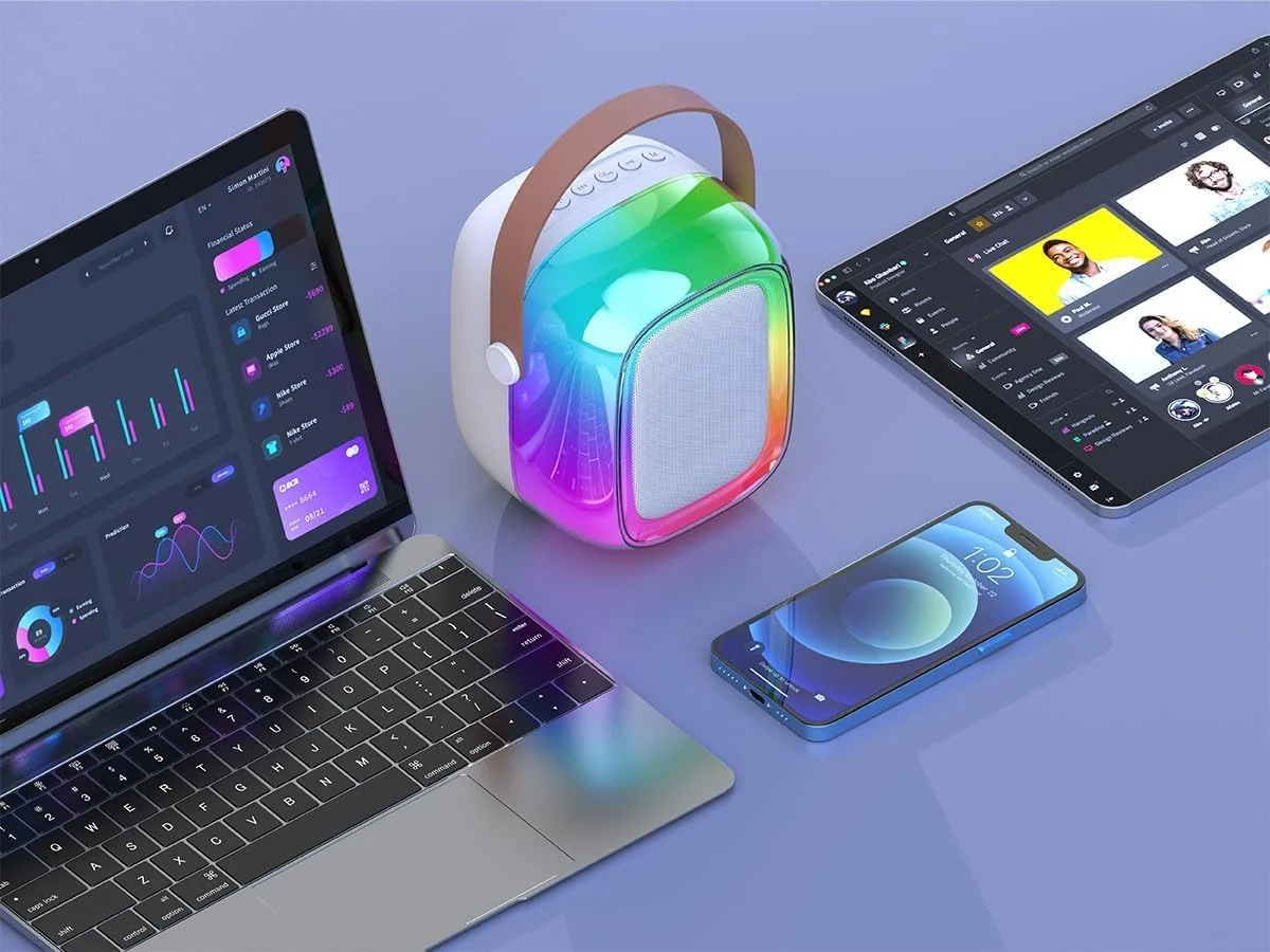 اسپیکر کارائوکه بلوتوث قابل حمل با میکروفون بی سیم و چراغ های LED - چند رنگ، اسپیکر مهمانی با عملکرد بالا