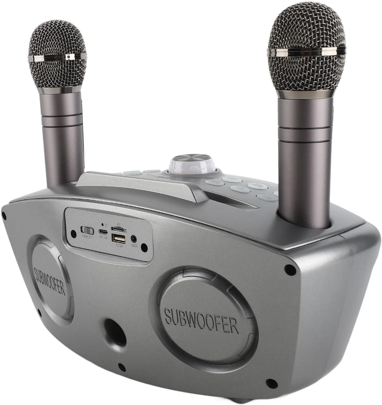 دستگاه کارائوکه با دو میکروفون، اسپیکر قابل حمل، کارائوکه خانوادگی 4.2 اسپیکر فضای باز میکروفون دوگانه استریو (نقره ای مشکی)