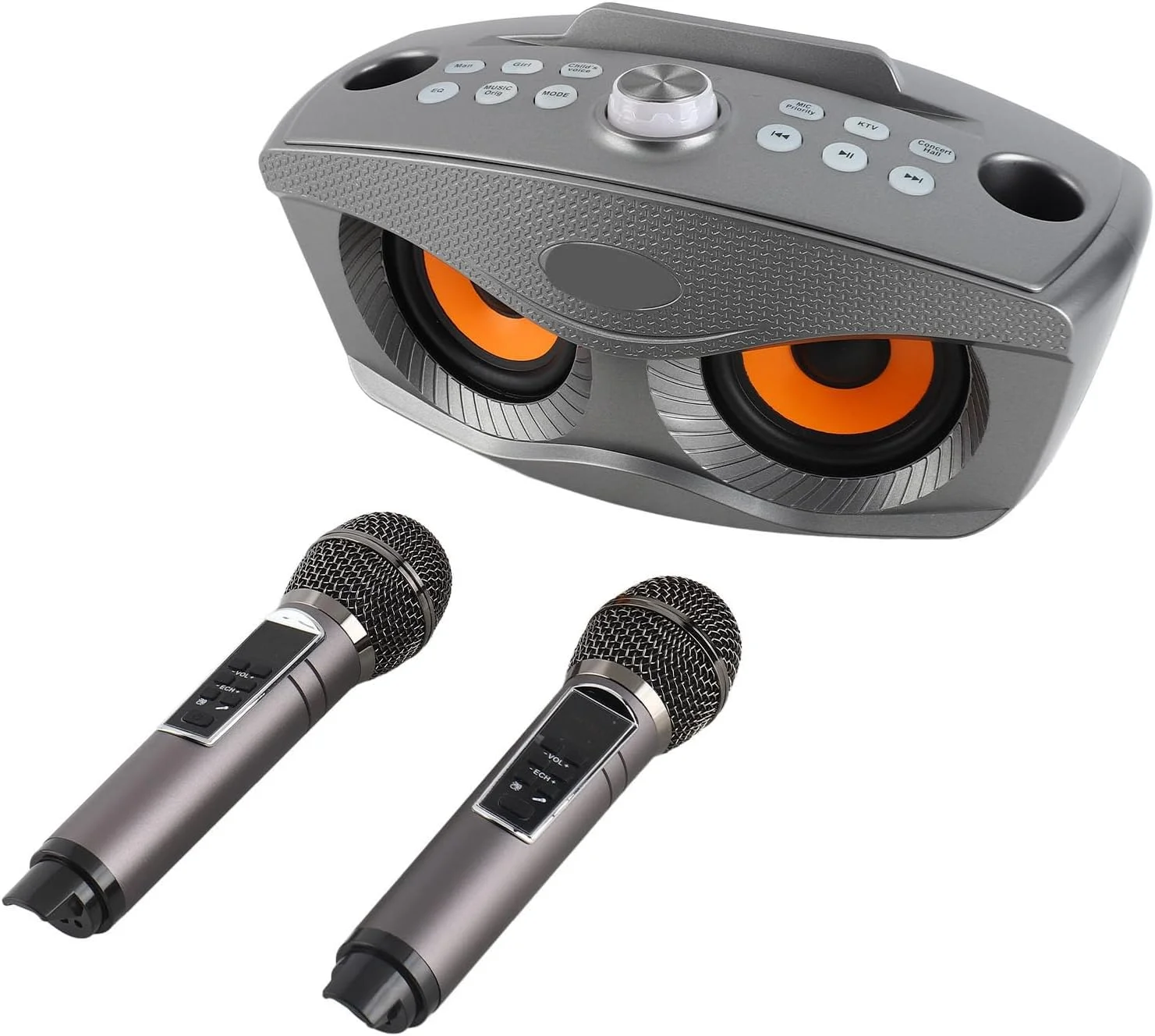 دستگاه کارائوکه با دو میکروفون، اسپیکر قابل حمل، کارائوکه خانوادگی 4.2 اسپیکر فضای باز میکروفون دوگانه استریو (نقره ای مشکی)
