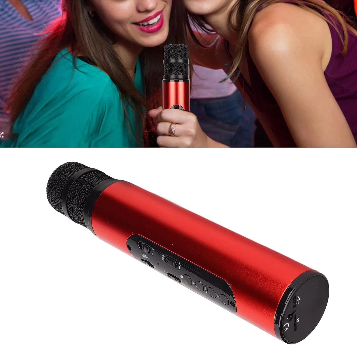 میکروفون کارائوکه بی‌سیم و شیک، میکروفون دستی قابل حمل با چهار افکت صوتی، پنج صدای جادویی، بی‌صدا کردن با یک کلیک برای جشن تولد خانگی، ماشین، فضای باز و Ktv (قرمز)