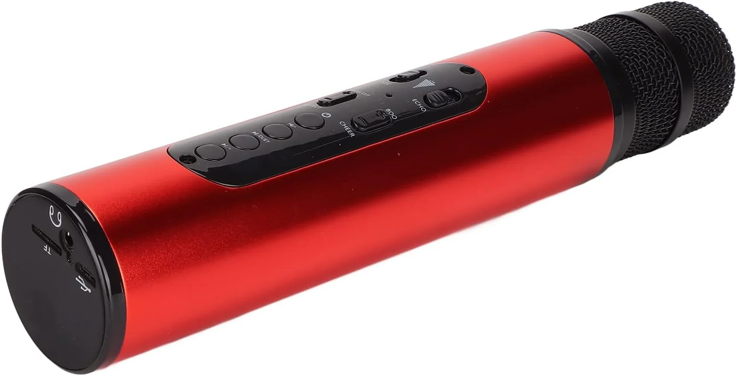 میکروفون کارائوکه بی‌سیم و شیک، میکروفون دستی قابل حمل با چهار افکت صوتی، پنج صدای جادویی، بی‌صدا کردن با یک کلیک برای جشن تولد خانگی، ماشین، فضای باز و Ktv (قرمز)