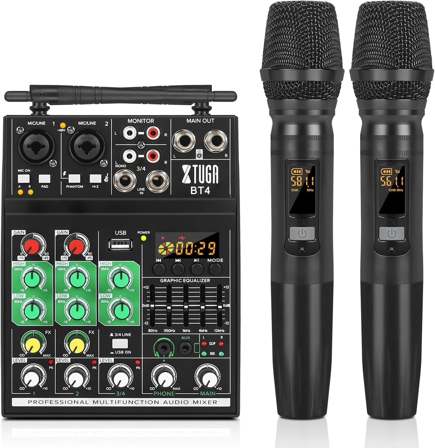 میکسر کارائوکه XTUGA BT4 با میکروفون بی سیم، میکسر صوتی 4 کاناله، کنسول برد صدا MP3 بلوتوث فانتوم پاور 48 ولت رابط صوتی USB DJ برای خانه