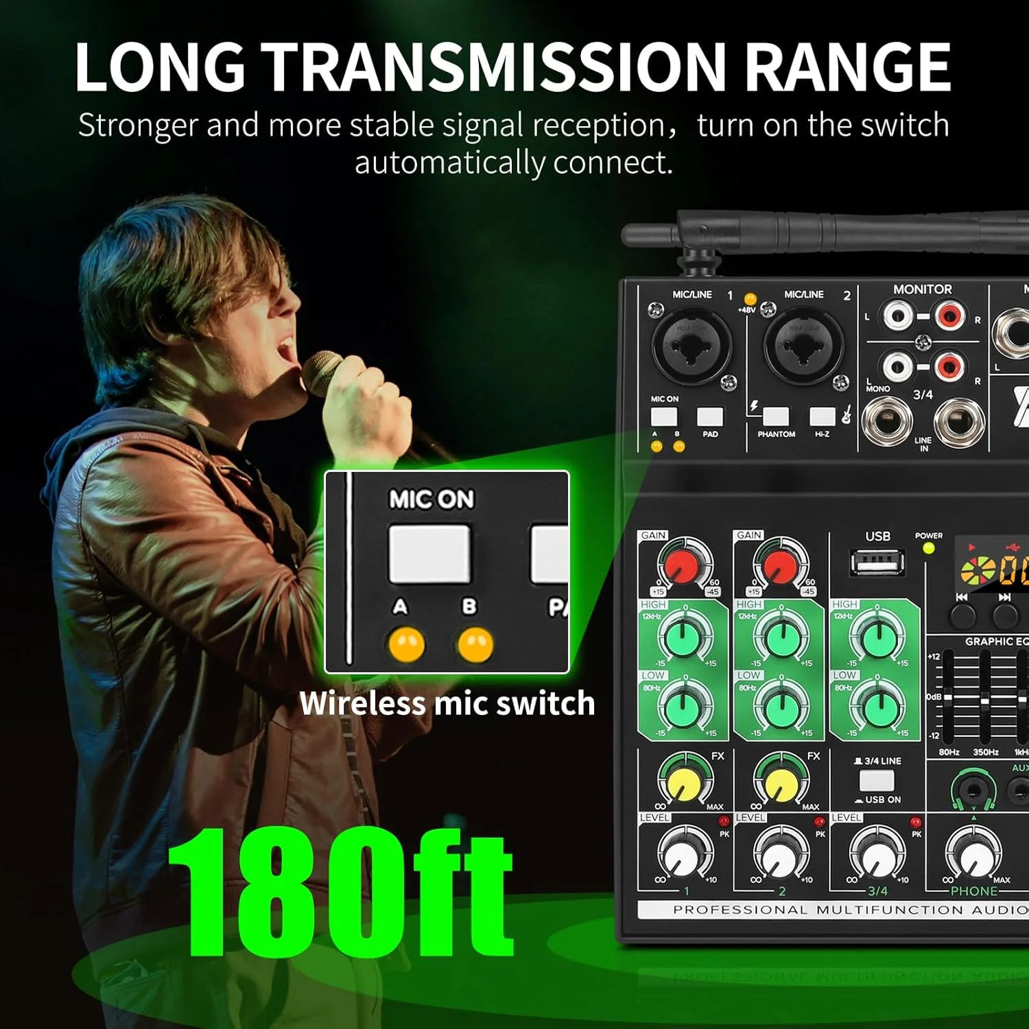 میکسر کارائوکه XTUGA BT4 با میکروفون بی سیم، میکسر صوتی 4 کاناله، کنسول برد صدا MP3 بلوتوث فانتوم پاور 48 ولت رابط صوتی USB DJ برای خانه