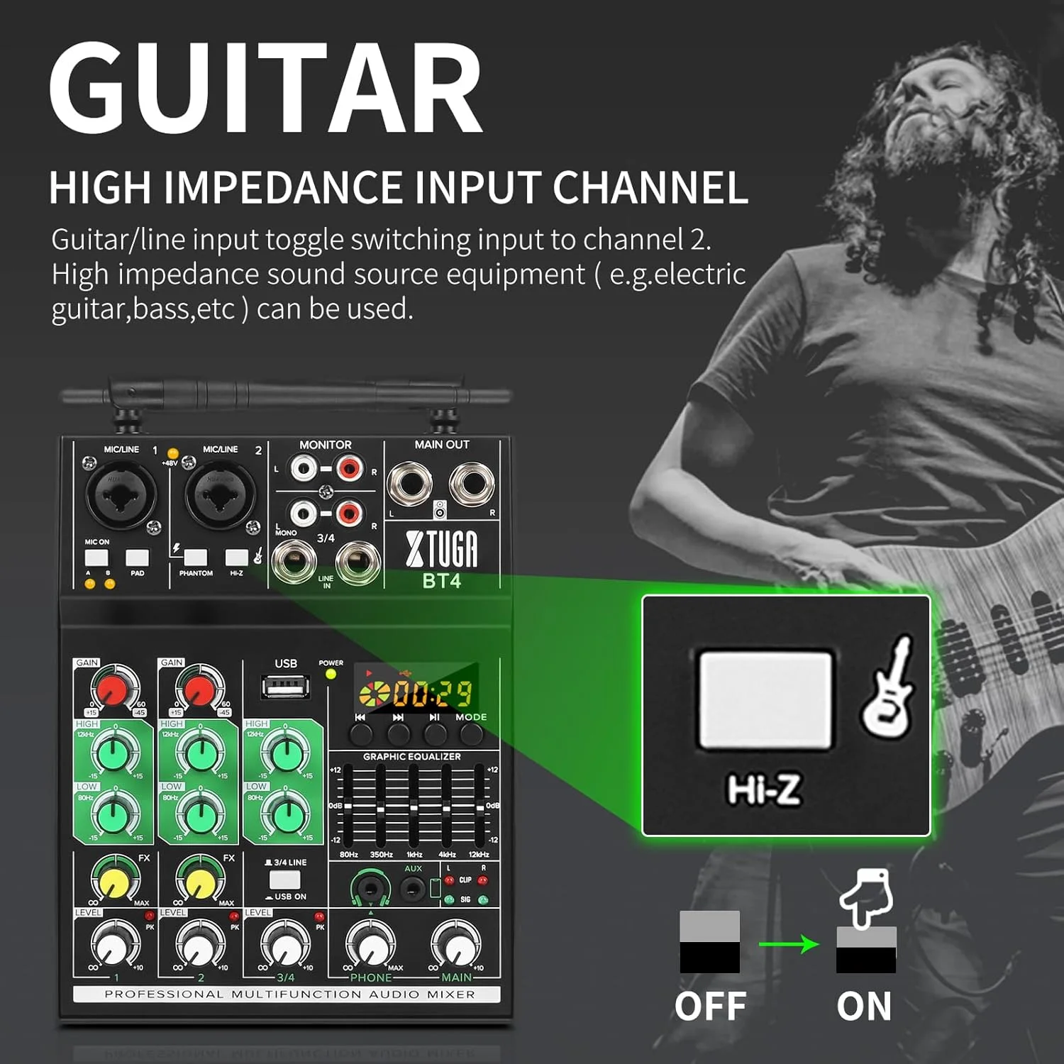 میکسر کارائوکه XTUGA BT4 با میکروفون بی سیم، میکسر صوتی 4 کاناله، کنسول برد صدا MP3 بلوتوث فانتوم پاور 48 ولت رابط صوتی USB DJ برای خانه