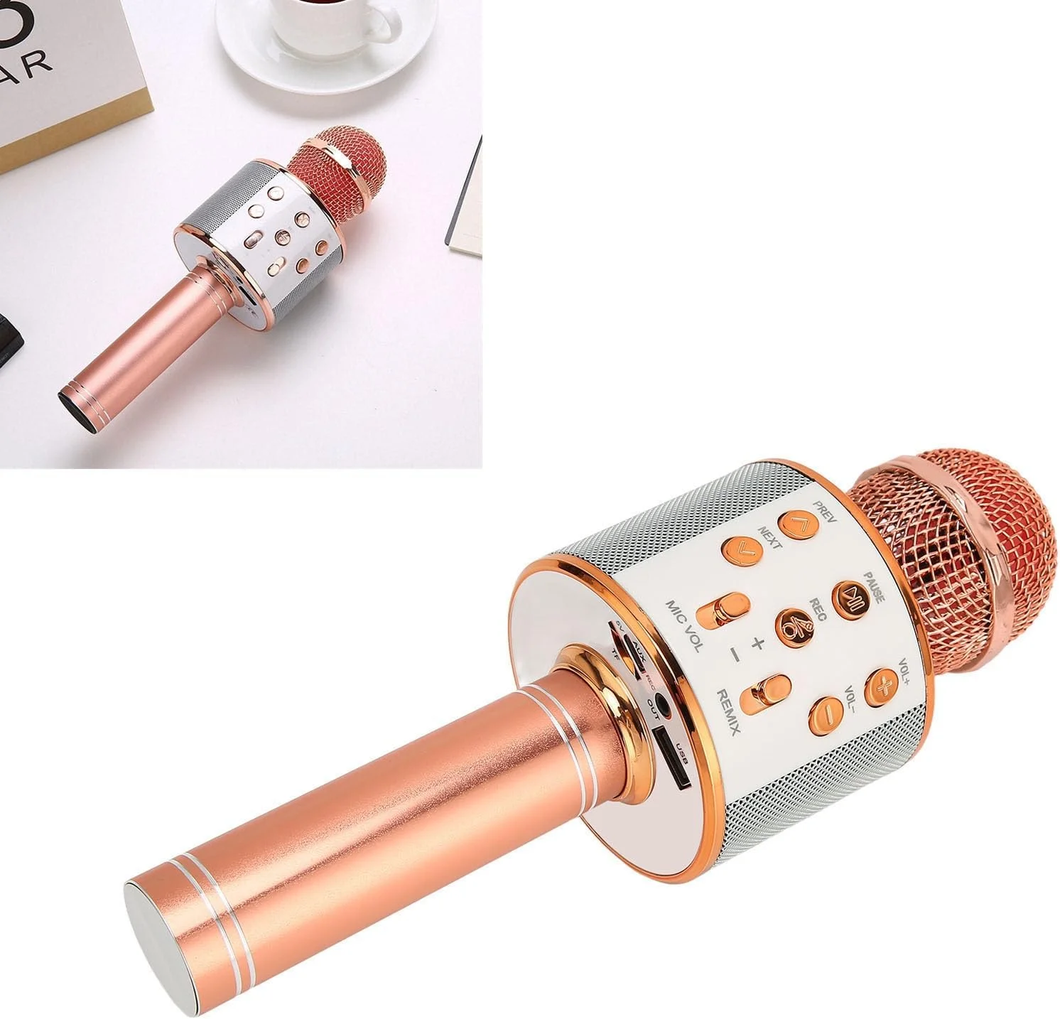 میکروفون کارائوکه بی سیم 4 در 1 چند منظوره با قابلیت کاهش نویز برای مهمانی های خانگی و KTV، میکروفون بی سیم قابل حمل برای تلفن (رزگلد)