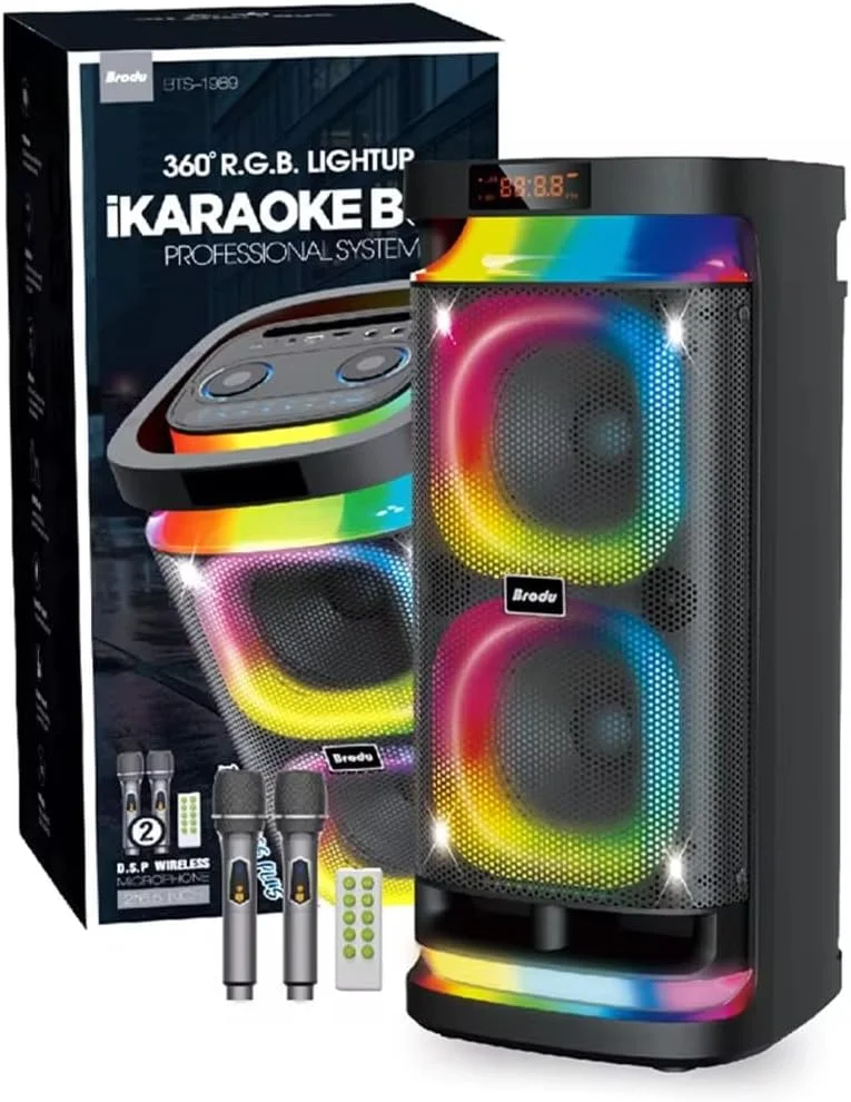 دستگاه کارائوکه Brodu با 2 میکروفون بی سیم 22 اینچی، بلندگوی بلوتوث قابل حمل برای بزرگسالان و کودکان، بلندگوی کارائوکه با چراغ های LED، پشتیبانی از کارت TF/USB، ورودی AUX، TWS برای مهمانی در فضای باز