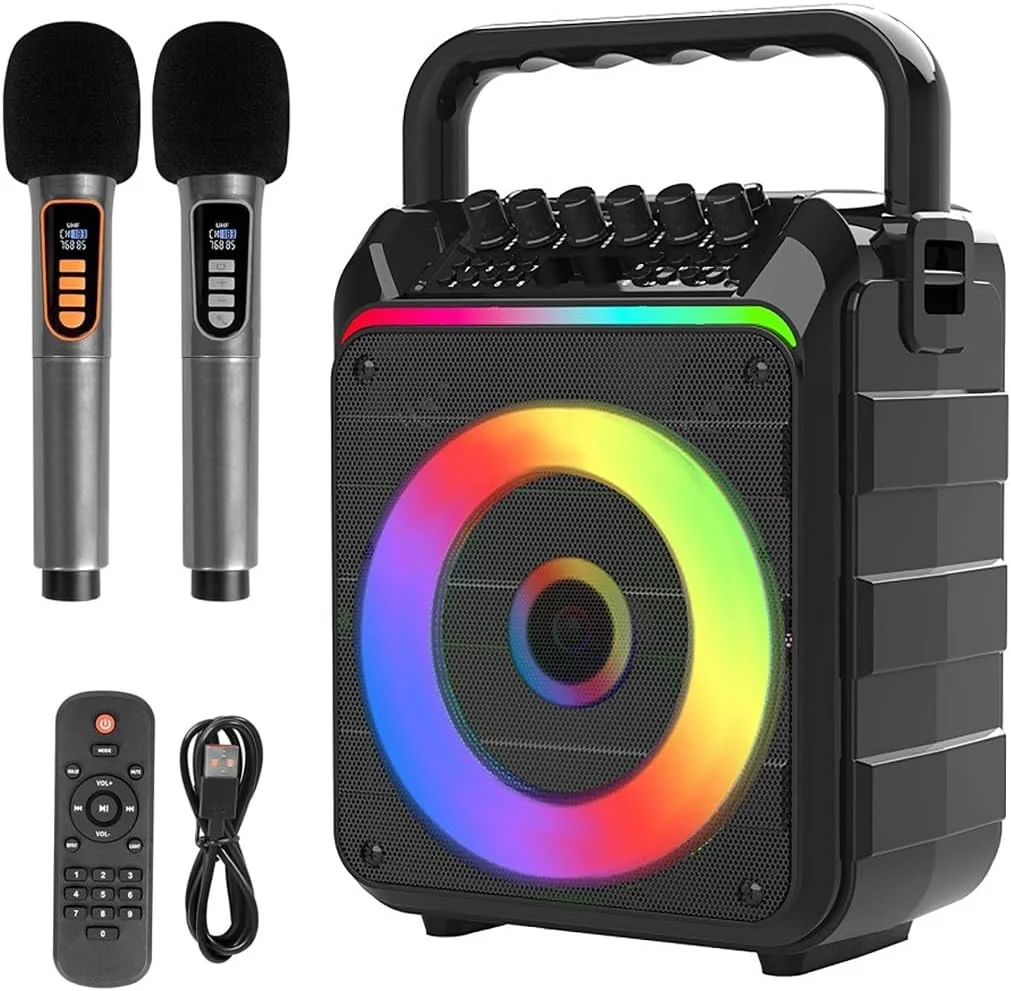 دستگاه کارائوکه با دو میکروفون بی سیم، دستگاه کارائوکه قابل حمل برای بزرگسالان و کودکان، میکروفون کارائوکه با سیستم PA، چراغ های LED، بلندگوی کارائوکه از کارت TF/USB، AUX in، FM، REC، TWS پشتیبانی می کند