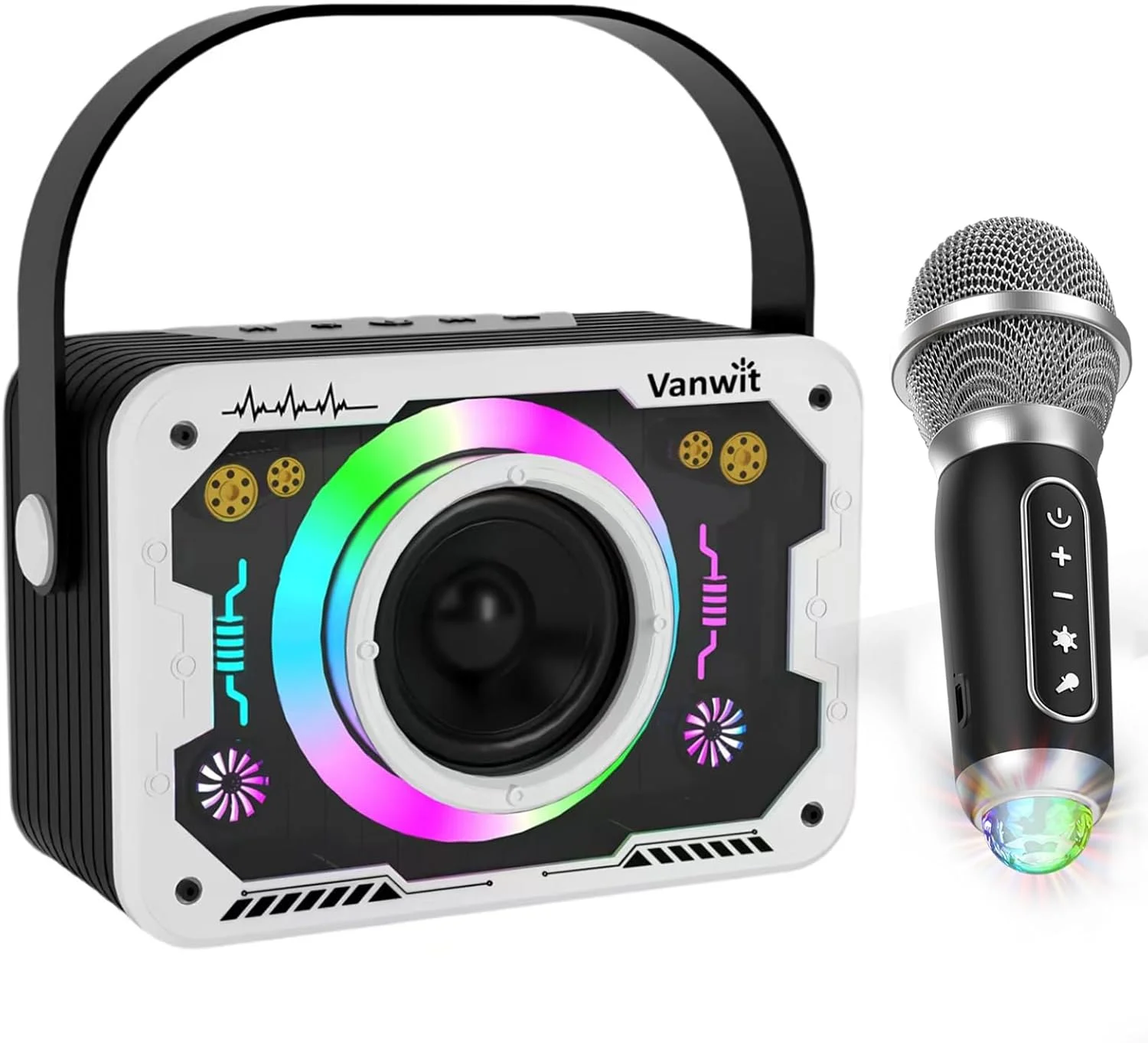 دستگاه کارائوکه، 2 میکروفون کارائوکه بی سیم با چراغ های دیسکو، بلندگوی بلوتوث قابل حمل، دستگاه آواز خواندن با سیستم PA برای بزرگسالان و کودکان، پشتیبانی از AUX/USB/TF برای مهمانی خانگی (سفید)