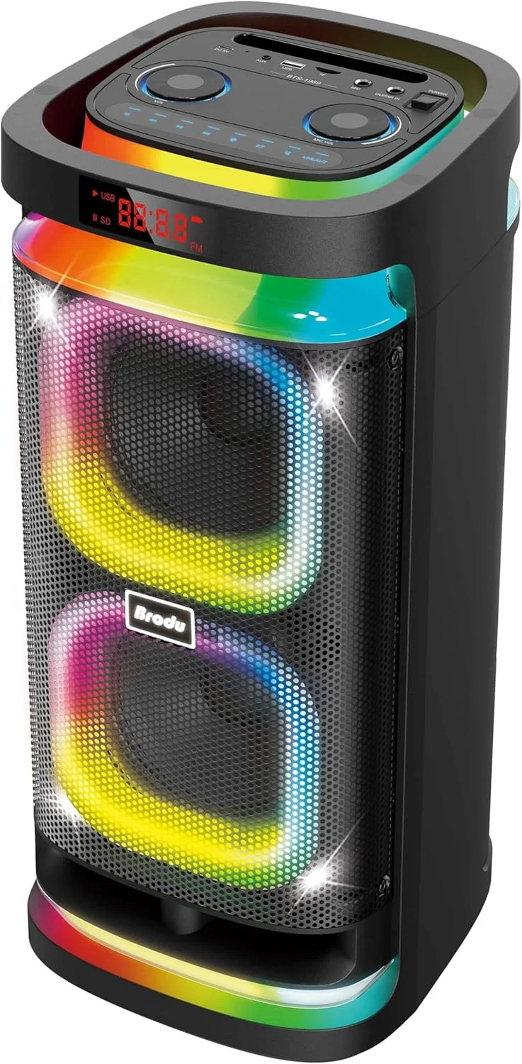 دستگاه کارائوکه Brodu با 2 میکروفون بی سیم 22 اینچی، بلندگوی بلوتوث قابل حمل برای بزرگسالان و کودکان، بلندگوی کارائوکه با چراغ های LED، پشتیبانی از کارت TF/USB، ورودی AUX، TWS برای مهمانی در فضای باز