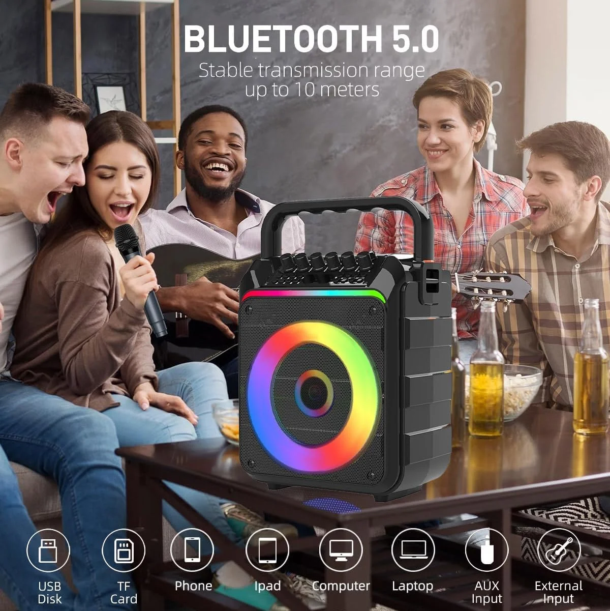 دستگاه کارائوکه با دو میکروفون بی سیم، دستگاه کارائوکه قابل حمل برای بزرگسالان و کودکان، میکروفون کارائوکه با سیستم PA، چراغ های LED، بلندگوی کارائوکه از کارت TF/USB، AUX in، FM، REC، TWS پشتیبانی می کند