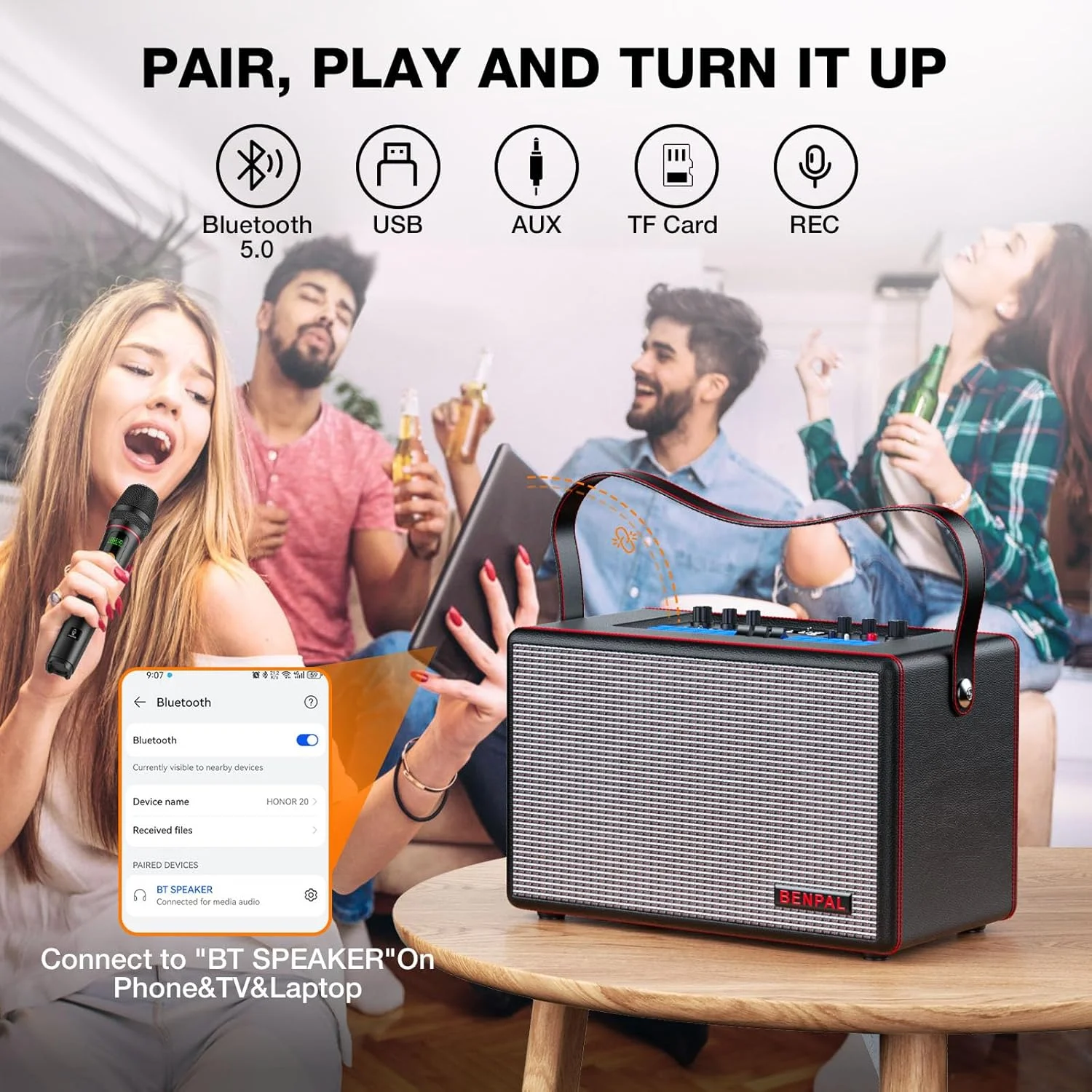 دستگاه کارائوکه برای بزرگسالان، با دو میکروفون بی سیم، بلندگوی بلوتوث قابل حمل، پشتیبانی از REC/AUX/USB/TF/BT برای مهمانی های خانگی و فضای باز