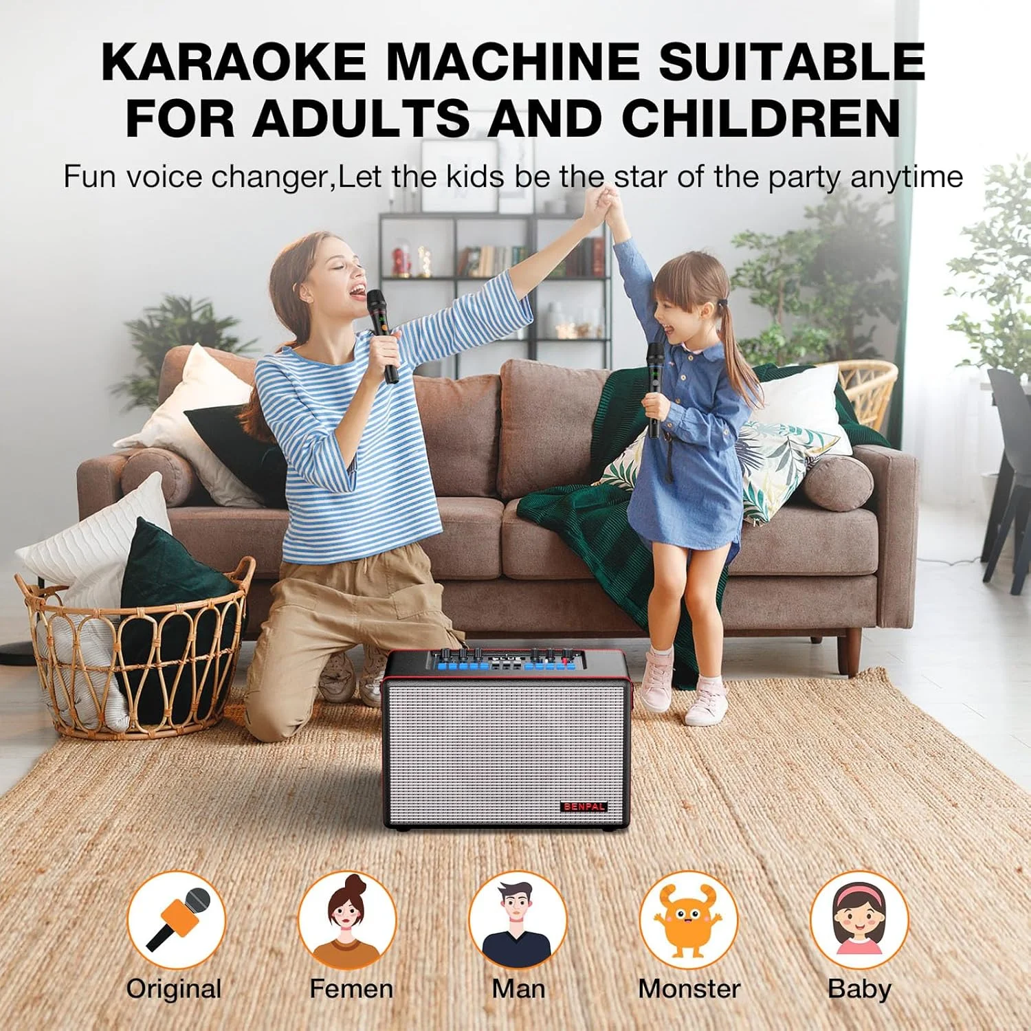 دستگاه کارائوکه برای بزرگسالان، با دو میکروفون بی سیم، بلندگوی بلوتوث قابل حمل، پشتیبانی از REC/AUX/USB/TF/BT برای مهمانی های خانگی و فضای باز