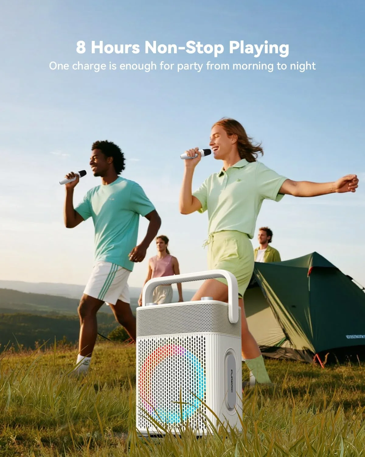 دستگاه کارائوکه با 2 میکروفون بی سیم UHF به همراه کیف چرمی، اسپیکر بلوتوثی قابل حمل ضد آب IPX4 با نورپردازی، پشتیبانی از بلوتوث/AUX/USB/PC (سفید)