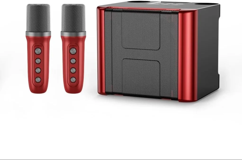 دستگاه کارائوکه با 2 میکروفون بی سیم برای بزرگسالان و کودکان، سیستم PA بلندگوی بلوتوث قابل حمل، دستگاه آواز خواندن با اکو و برش صدا، پشتیبانی از TF، AUX-in، برای مهمانی خانگی - قرمز/مشکی. YS-111