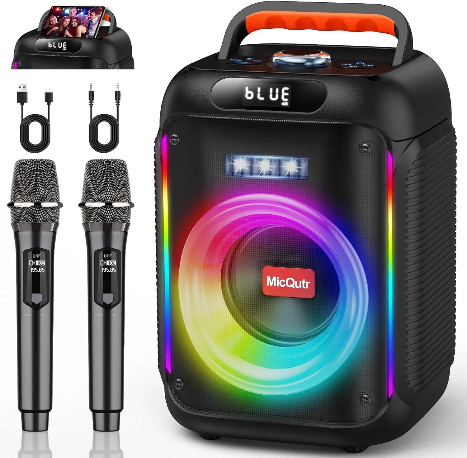 دستگاه کارائوکه با 2 میکروفون بی سیم، بلندگوی بلوتوث قابل حمل برای بزرگسالان/کودکان با نور RGB، سیستم کارائوکه برای کارائوکه، مهمانی خانگی، سیستم PA برای پارتی
