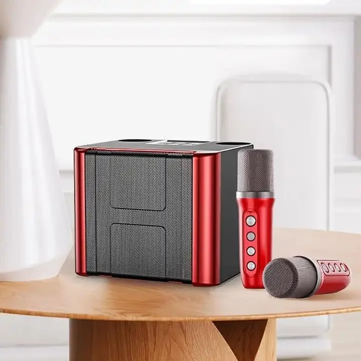 دستگاه کارائوکه با 2 میکروفون بی سیم برای بزرگسالان و کودکان، سیستم PA بلندگوی بلوتوث قابل حمل، دستگاه آواز خواندن با اکو و برش صدا، پشتیبانی از TF، AUX-in، برای مهمانی خانگی - قرمز/مشکی. YS-111