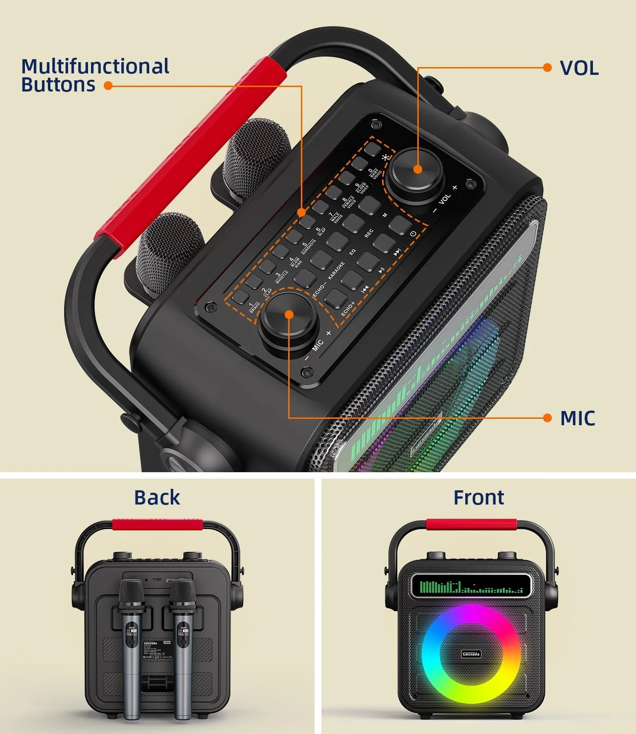 دستگاه کارائوکه برای بزرگسالان با 2 میکروفون بی سیم، بلندگوی بلوتوث قابل حمل با سیستم PA برای کودکان با چراغ های LED، تنظیم باس/تریبل، پشتیبانی از REC/TWS/FM/AUX/USB/IF Card برای مهمانی