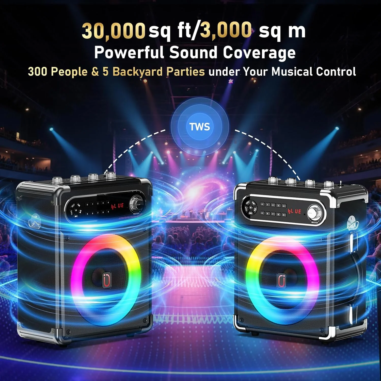 دستگاه کارائوکه با 2 میکروفون بی سیم، بلندگوی کارائوکه بلوتوث قابل حمل با تنظیم بیس/تریبل، سیستم PA با کنترل از راه دور، چراغ های LED، پشتیبانی از USB، AUX، TF، FM، REC، TWS برای مهمانی