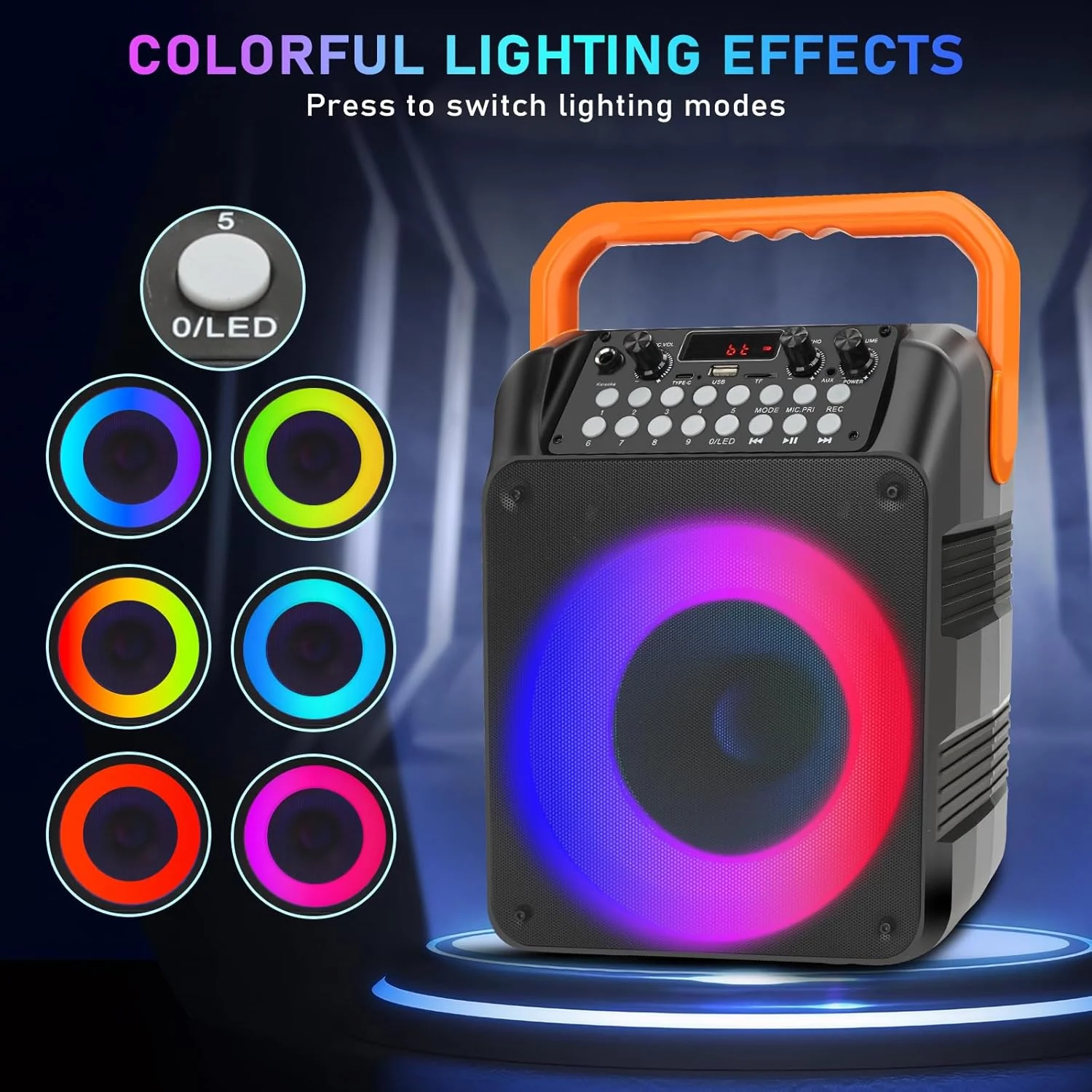 دستگاه کارائوکه با 2 میکروفون بی سیم، دستگاه کارائوکه برای بزرگسالان، بلندگوی کارائوکه بلوتوث قابل حمل با تنظیم باس/تریبل، سیستم PA، چراغ های LED، پشتیبانی از TF/USB، AUX، FM، REC، TWS