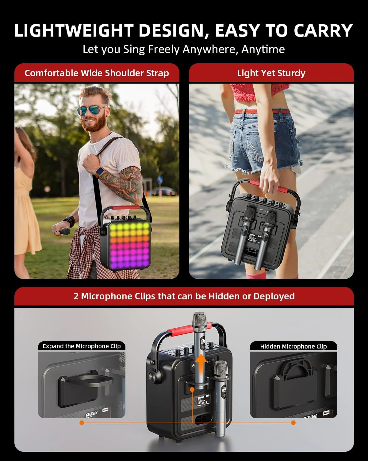 دستگاه کارائوکه با 2 میکروفون بی سیم، بلندگوی بلوتوث قابل حمل برای بزرگسالان و کودکان با چراغ های LED، تنظیم بیس/تریبل، پشتیبانی از REC/TWS/FM/AUX/USB/IF Card برای خانه، مهمانی در فضای باز