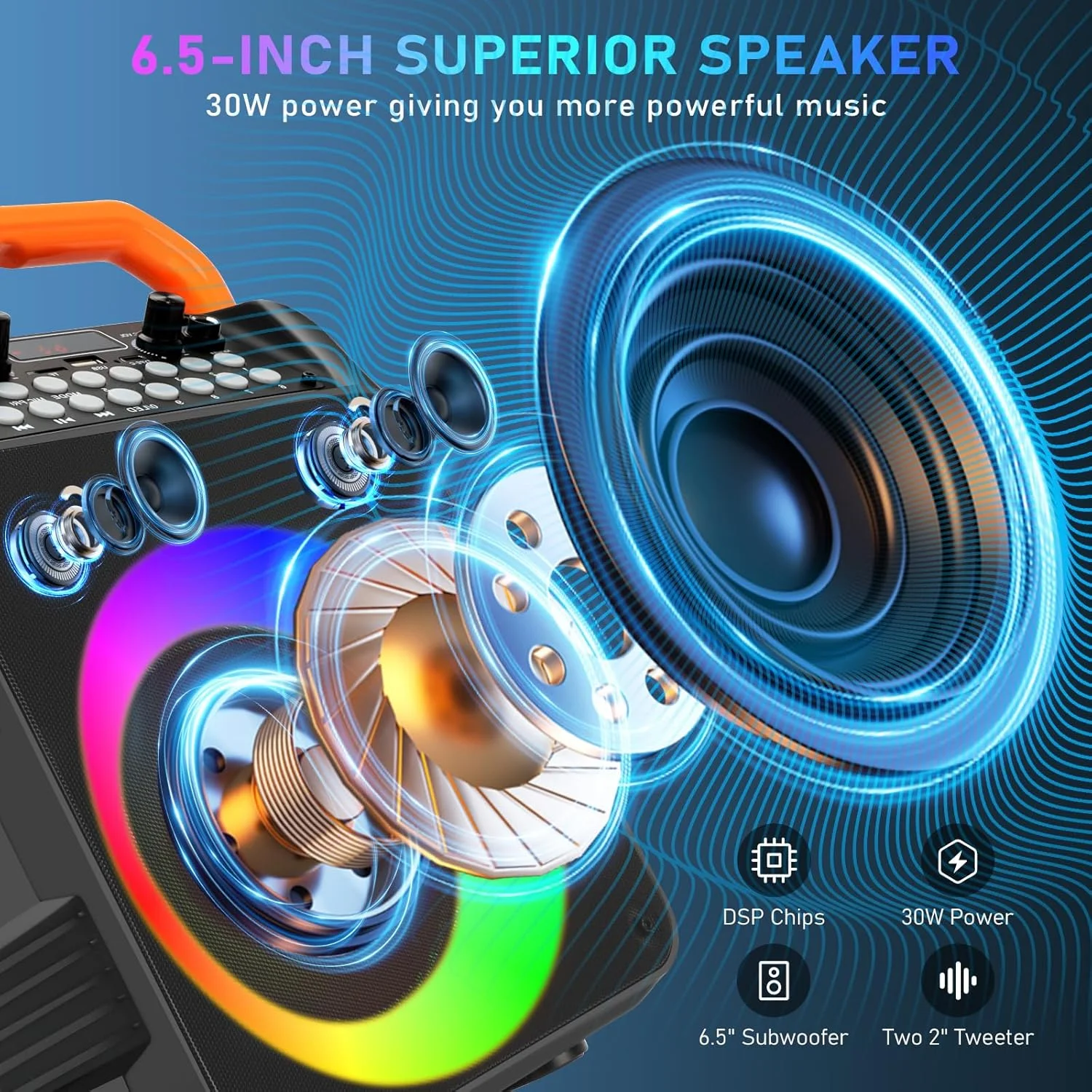 دستگاه کارائوکه با 2 میکروفون بی سیم، دستگاه کارائوکه برای بزرگسالان، بلندگوی کارائوکه بلوتوث قابل حمل با تنظیم باس/تریبل، سیستم PA، چراغ های LED، پشتیبانی از TF/USB، AUX، FM، REC، TWS